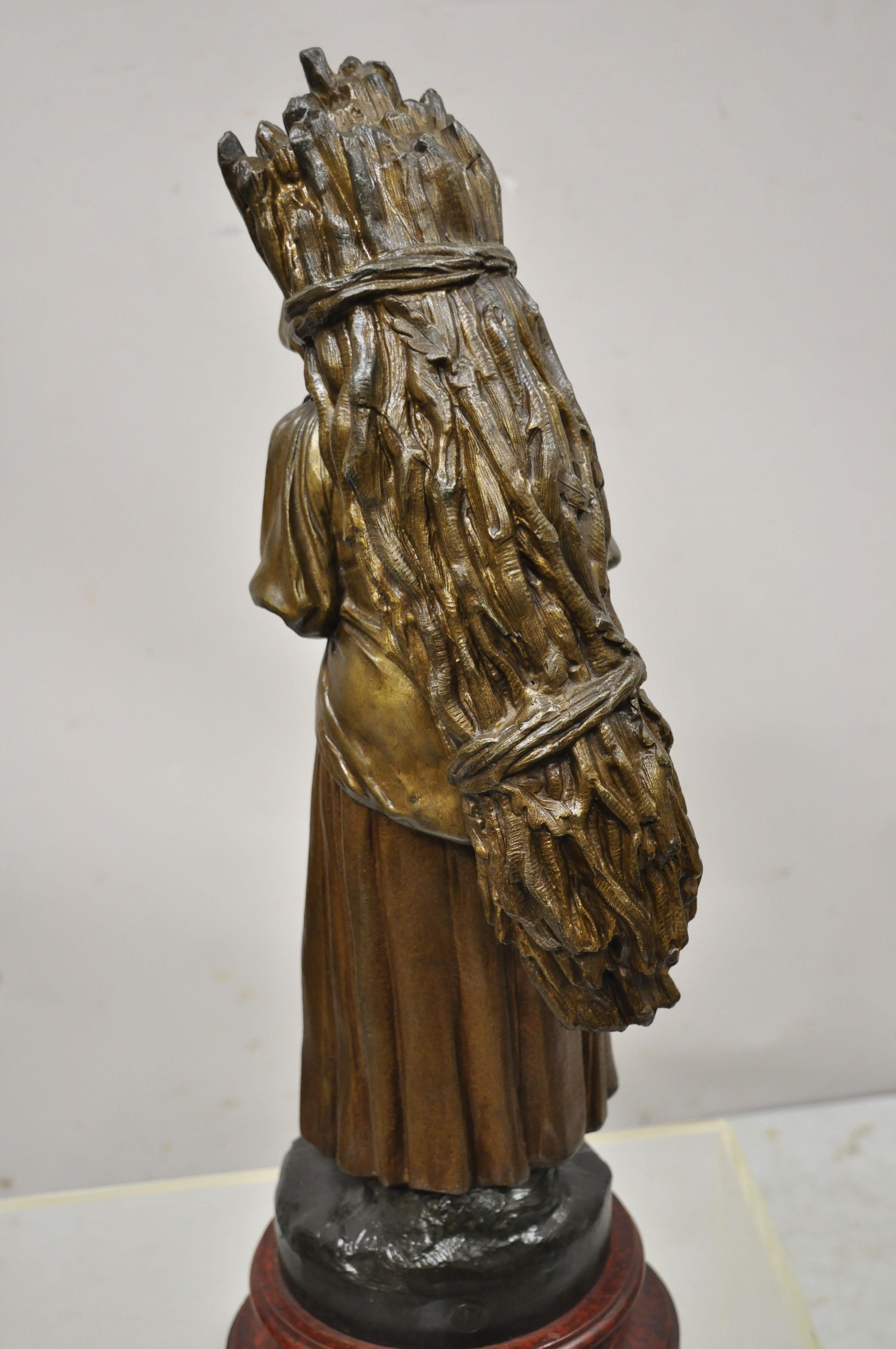 Antique French Spelter Sculpture Statue of Woman Carrying Bundle of Sticks Hiver In Good Condition For Sale In Philadelphia, PA