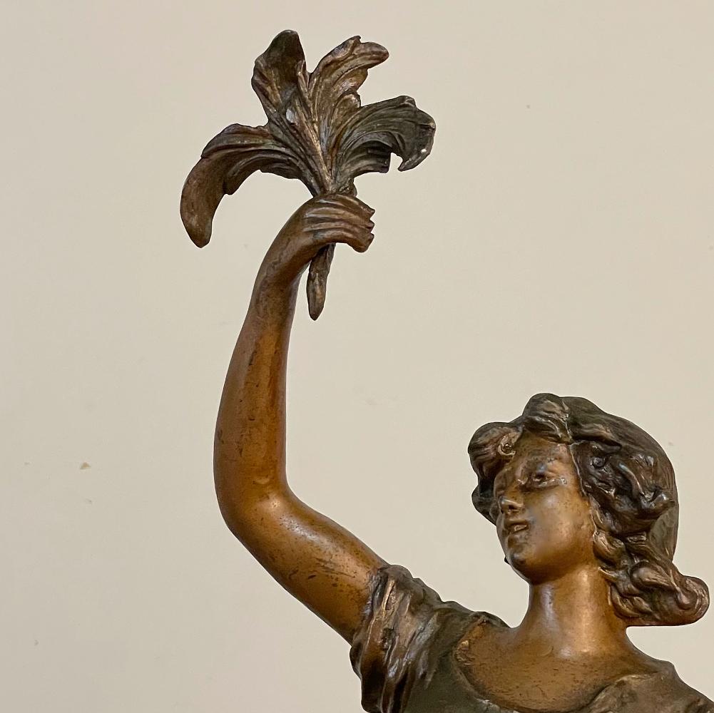 Hand-Painted Antique French Spelter Statue of Maiden by Rullony For Sale