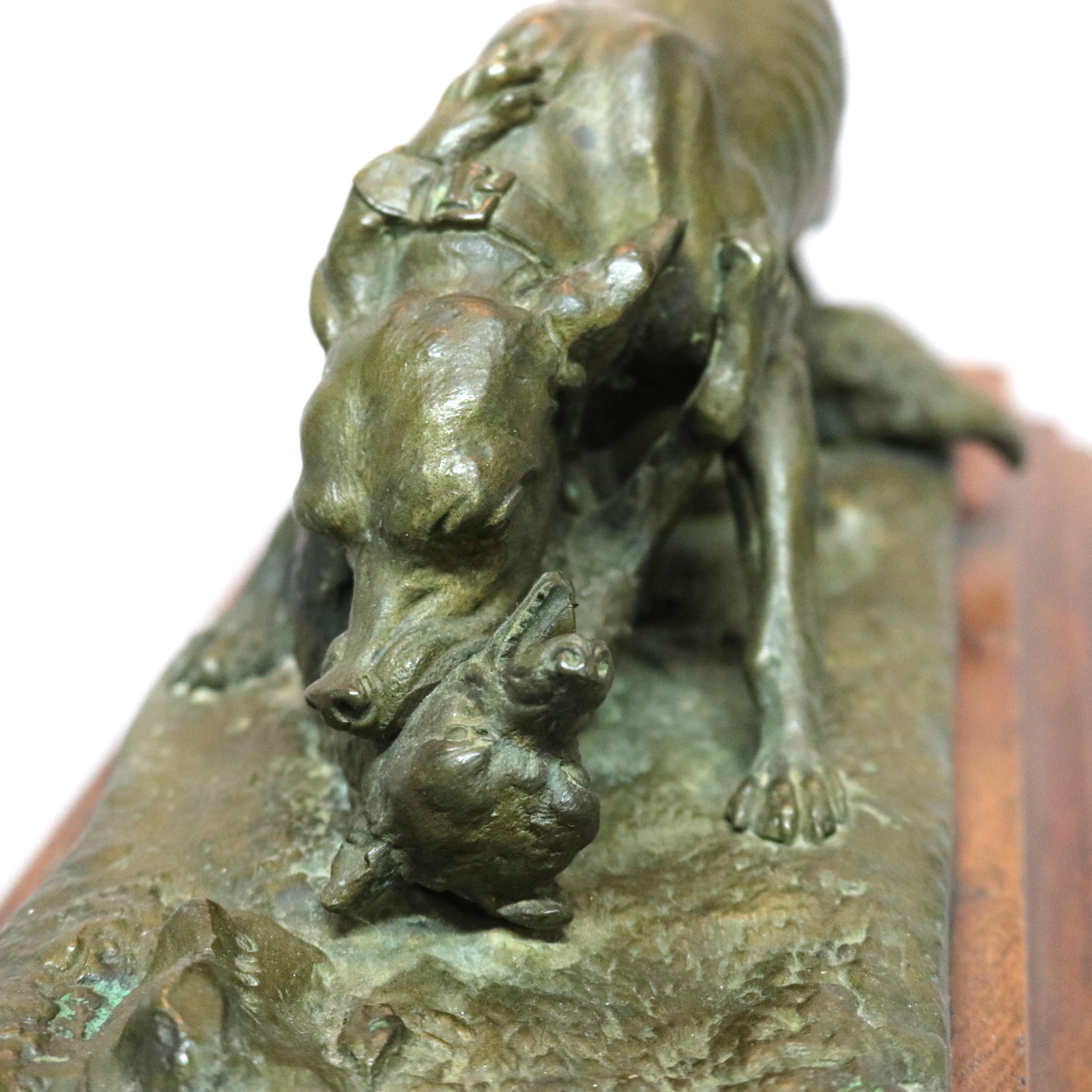 Carved Antique French Sporting Dog & Fox Bronze Sculpture, Circa 1890