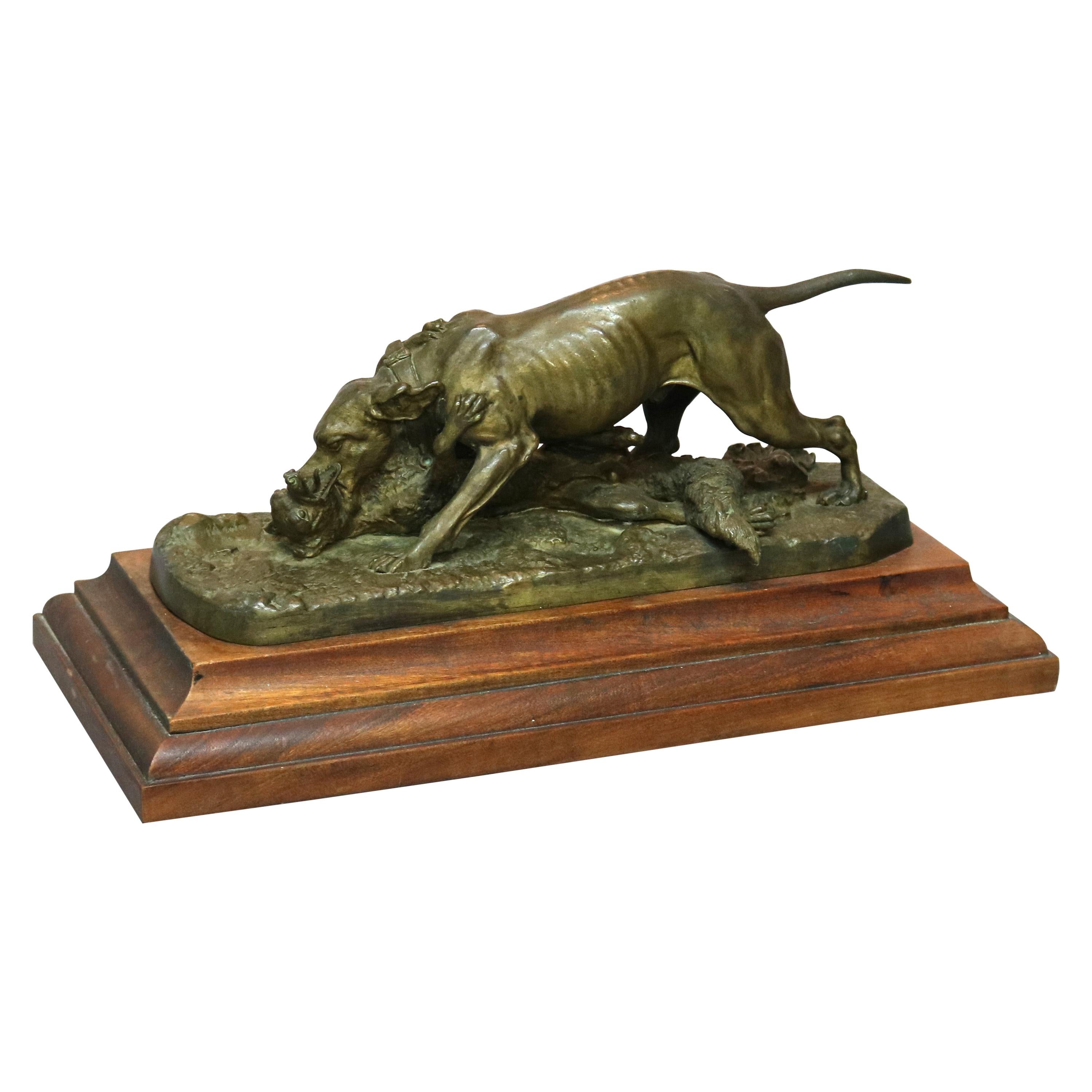 Antique French Sporting Dog & Fox Bronze Sculpture, Circa 1890