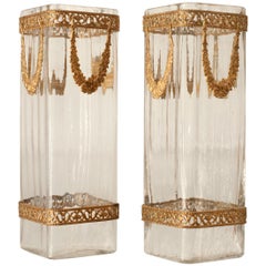 Antique French Square Crystal Vases with Ormolu Trims and Wreaths