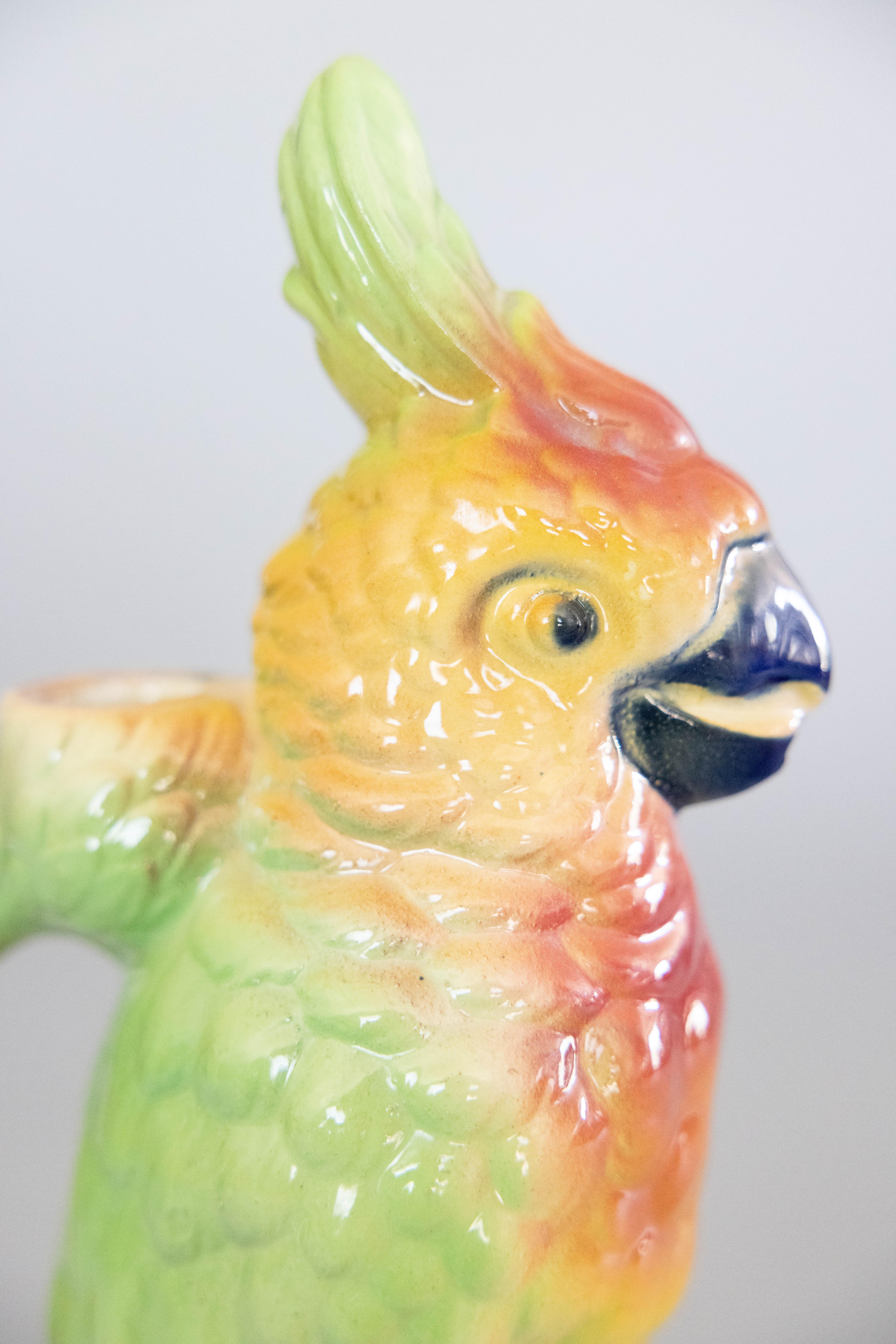 Antique French Saint Clement Majolica Parrot Absinthe Pitcher Decanter In Good Condition For Sale In Pearland, TX