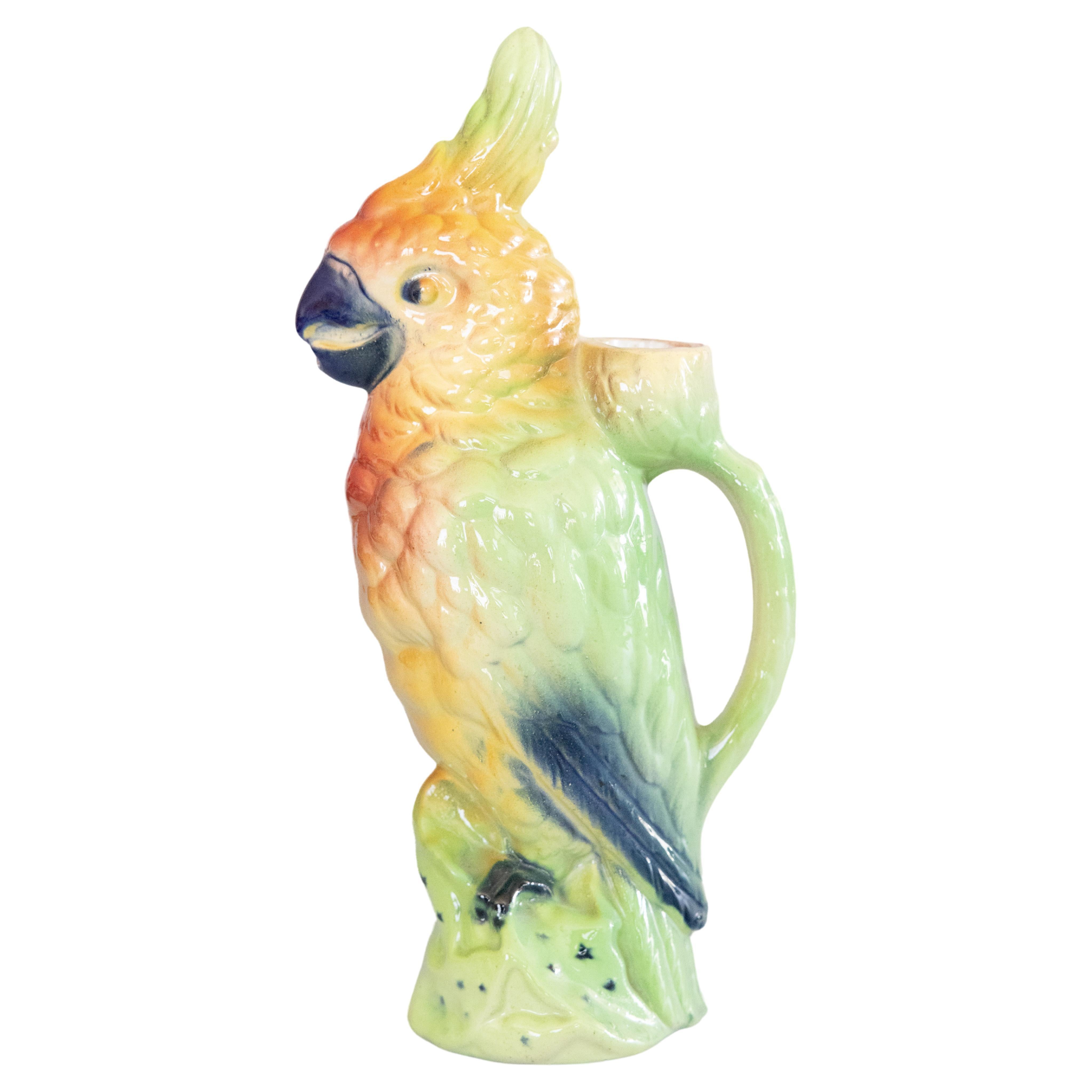 Antique French Saint Clement Majolica Parrot Absinthe Pitcher Decanter For Sale