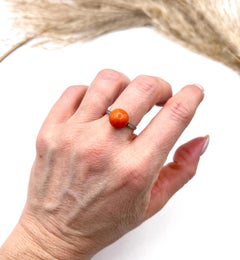 Antique French Stamped Platinum, Edwardian era Cabochon Coral & Diamond Ring