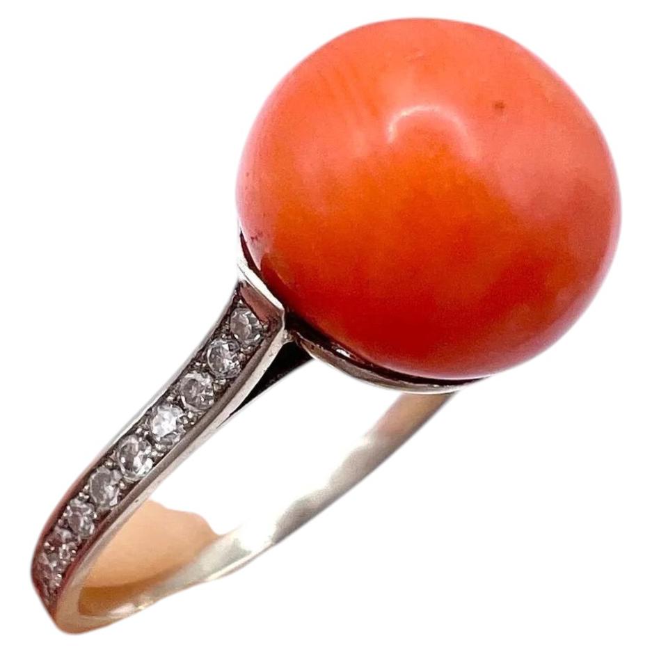Antique French Stamped Platinum, Edwardian era Cabochon Coral & Diamond Ring