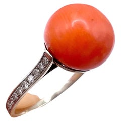 Antique French Stamped Platinum, Edwardian era Cabochon Coral & Diamond Ring