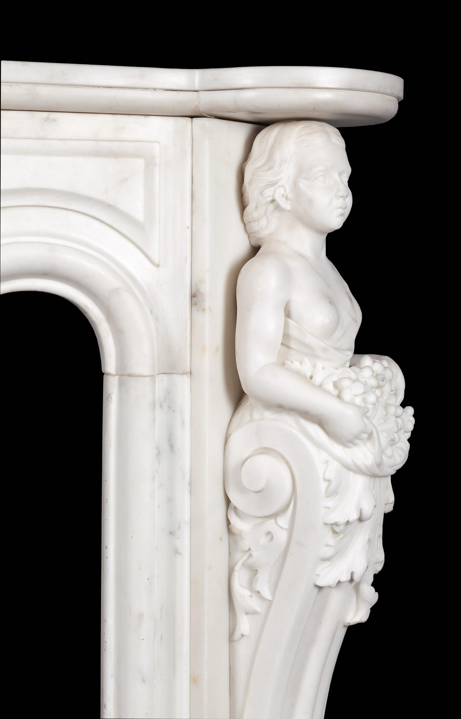 Carved Antique French Statuary Carrara Marble Mantel For Sale