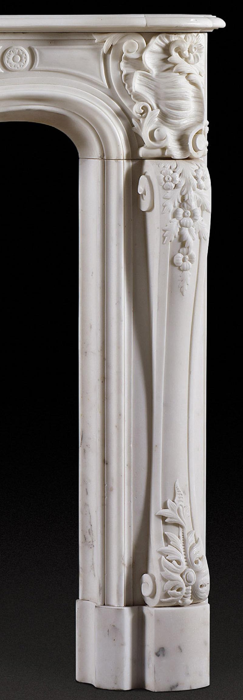 Carved Antique French Statuary Century Marble Fireplace Mantel For Sale