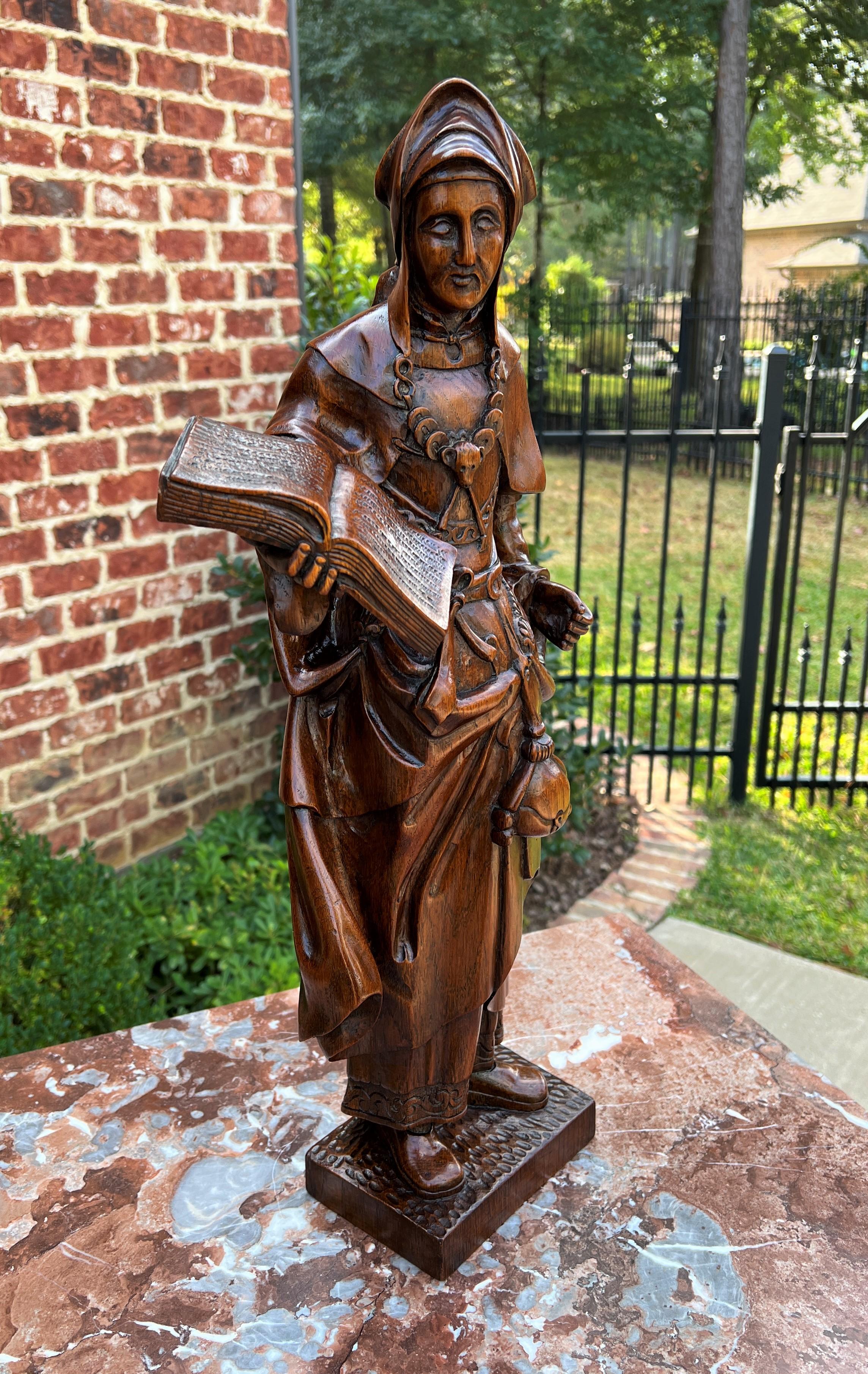 Antique French Estatua Figura Santa Señora Escultura Libro Biblia Roble Tallado 23.5