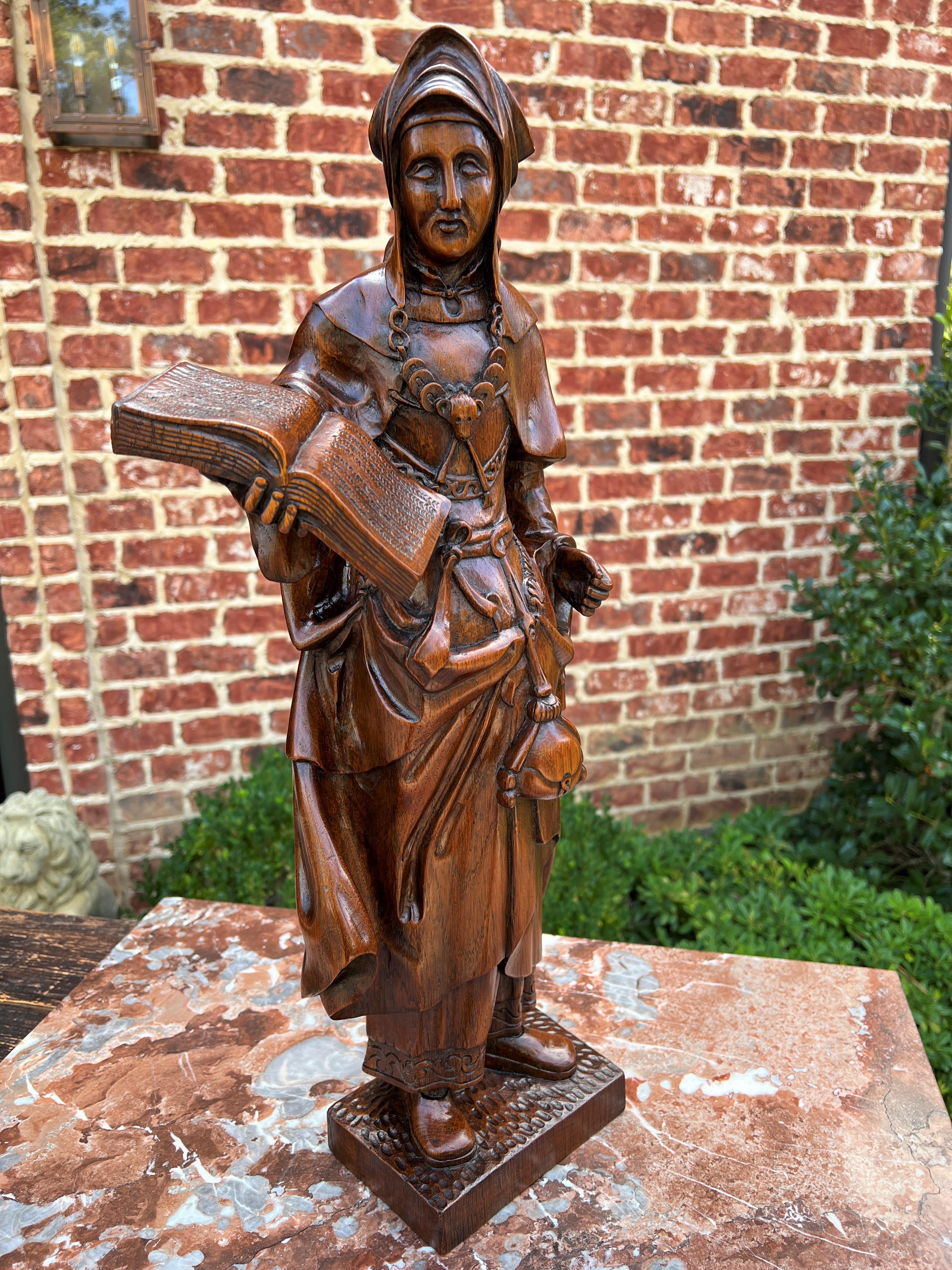 19th Century Antique French Statue Figure Saint Lady Sculpture Book Bible Carved Oak 23.5