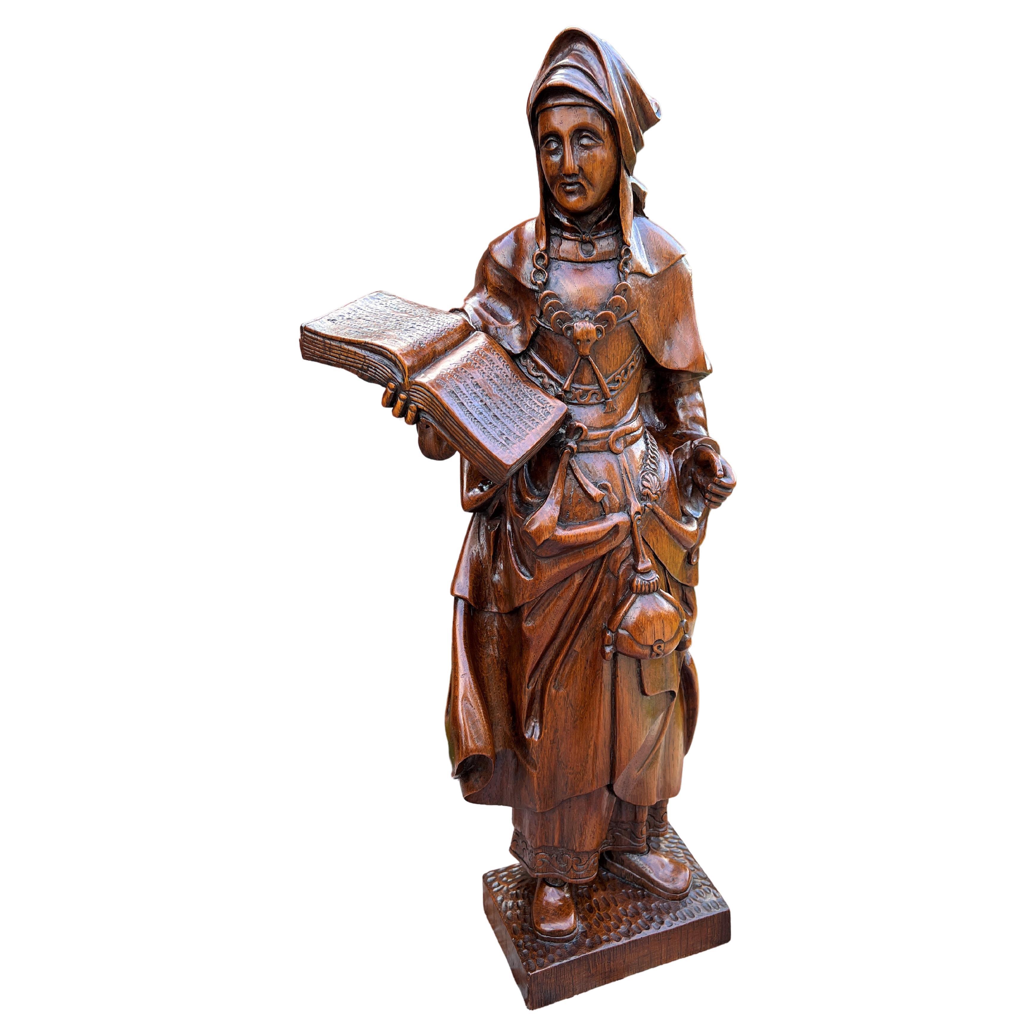 Antique French Statue Figure Saint Lady Sculpture Book Bible Carved Oak 23.5" T For Sale
