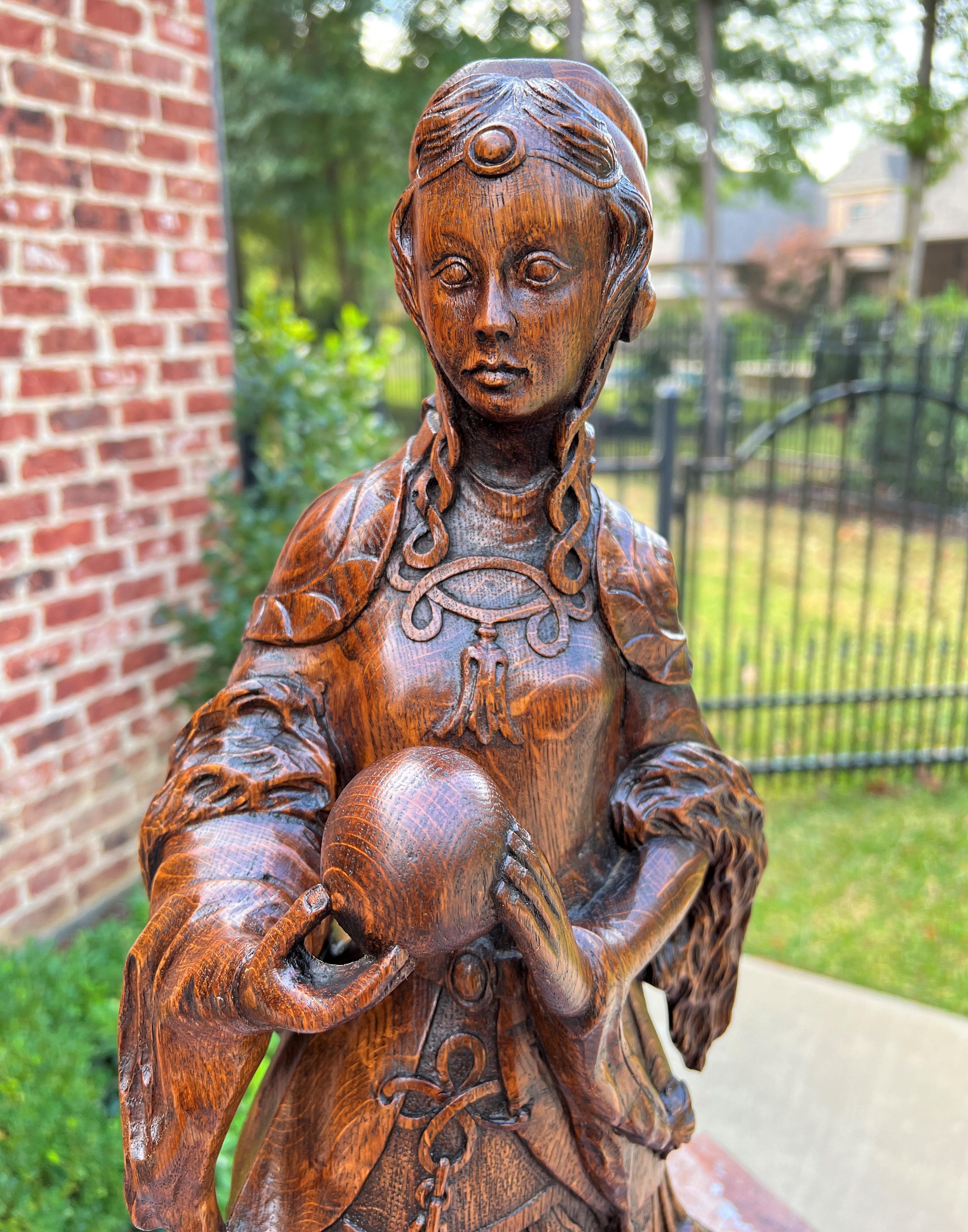 Antique French Statue Figure Sculpture Lady Woman Holding Orb Carved