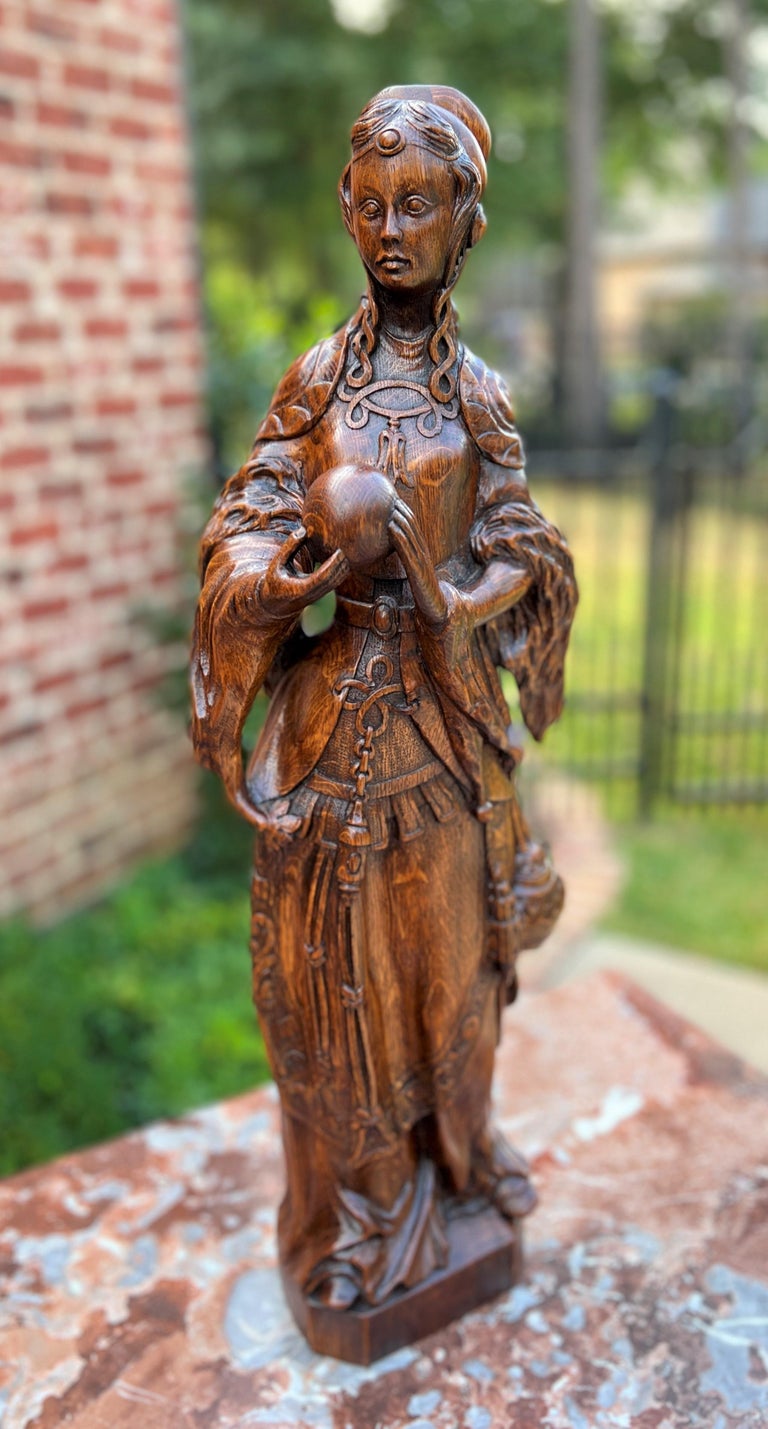 Antique French Statue Figure Sculpture Lady Woman Holding Orb Carved Oak  For Sale at 1stDibs