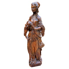 Antique French Statue Figure Sculpture Lady Woman Holding Orb Carved Oak