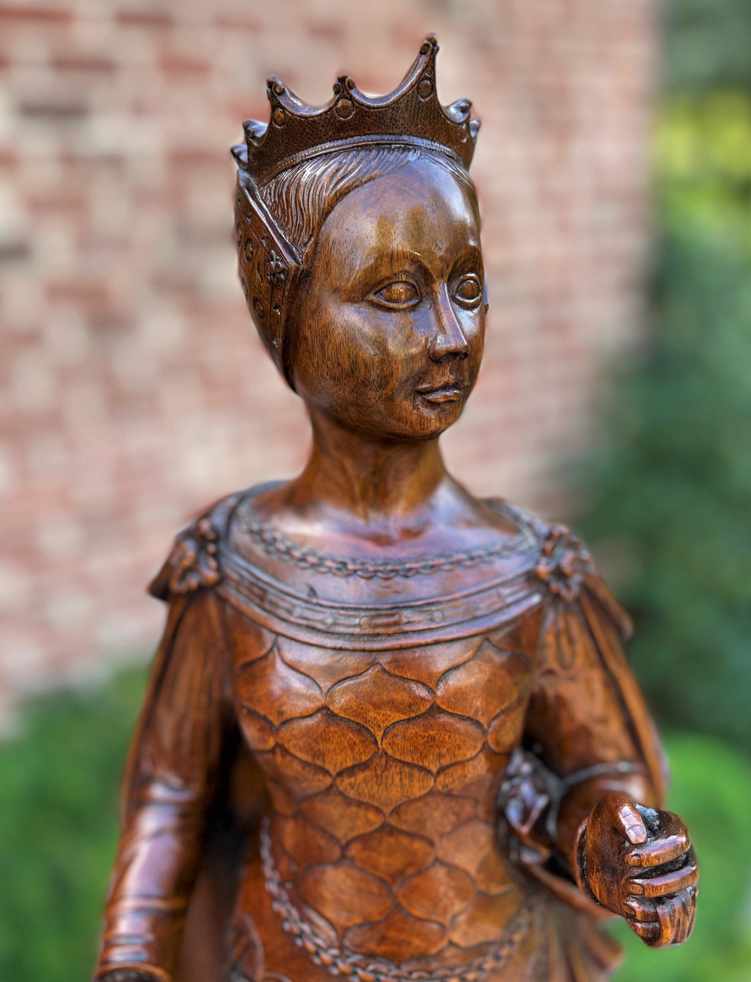 Antique French Statue Figure Sculpture Queen Lady with Crown Medieval Oak 25.25