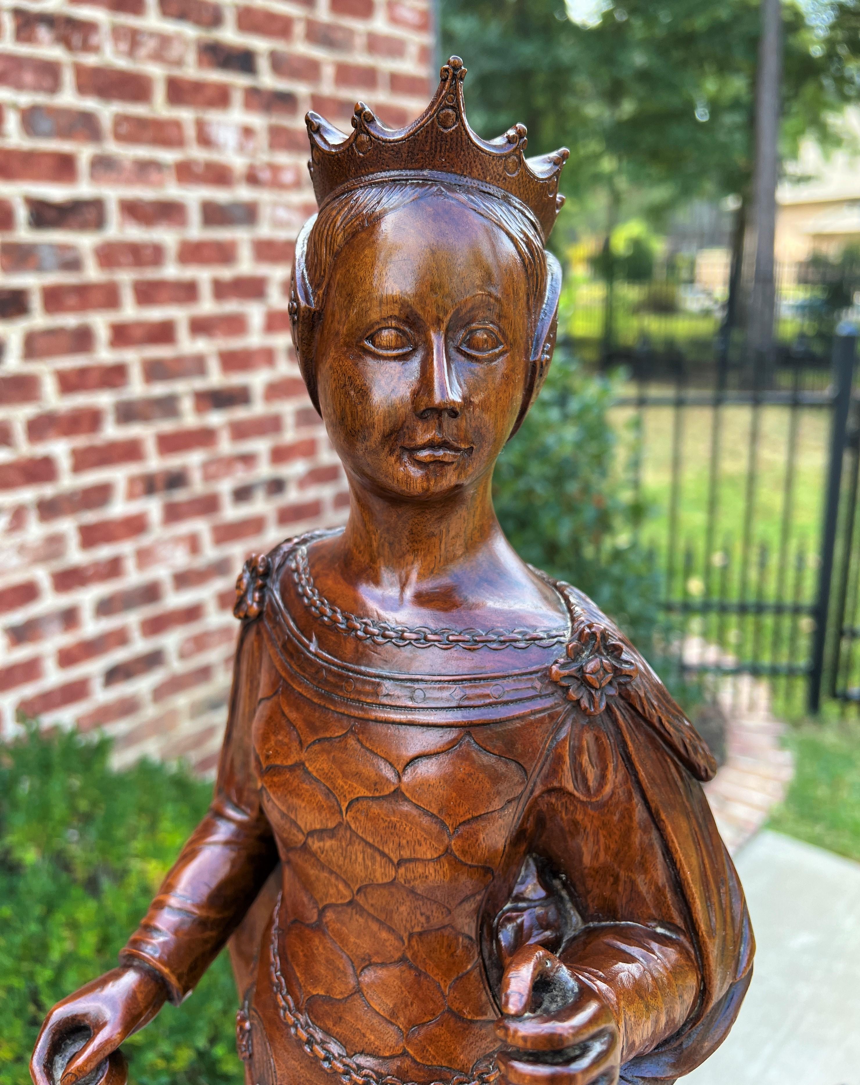 Carved Antique French Statue Figure Sculpture Queen Lady with Crown Medieval Oak 25.25