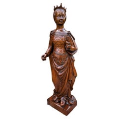 Antique French Statue Figure Sculpture Queen Lady with Crown Medieval Oak 25.25"