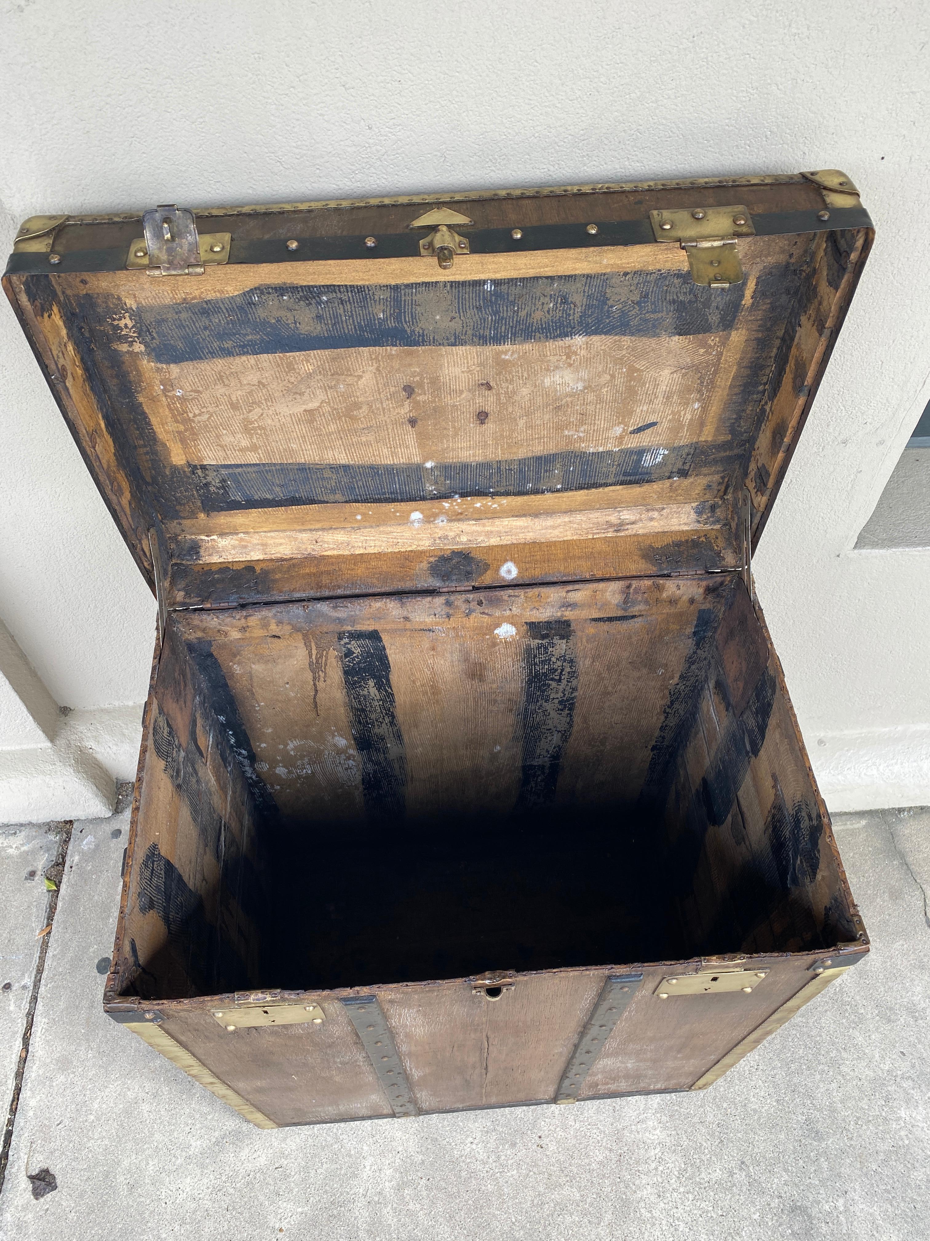 Antique French Steamer Trunk with Brass Hardware & London Bridge Label 1
