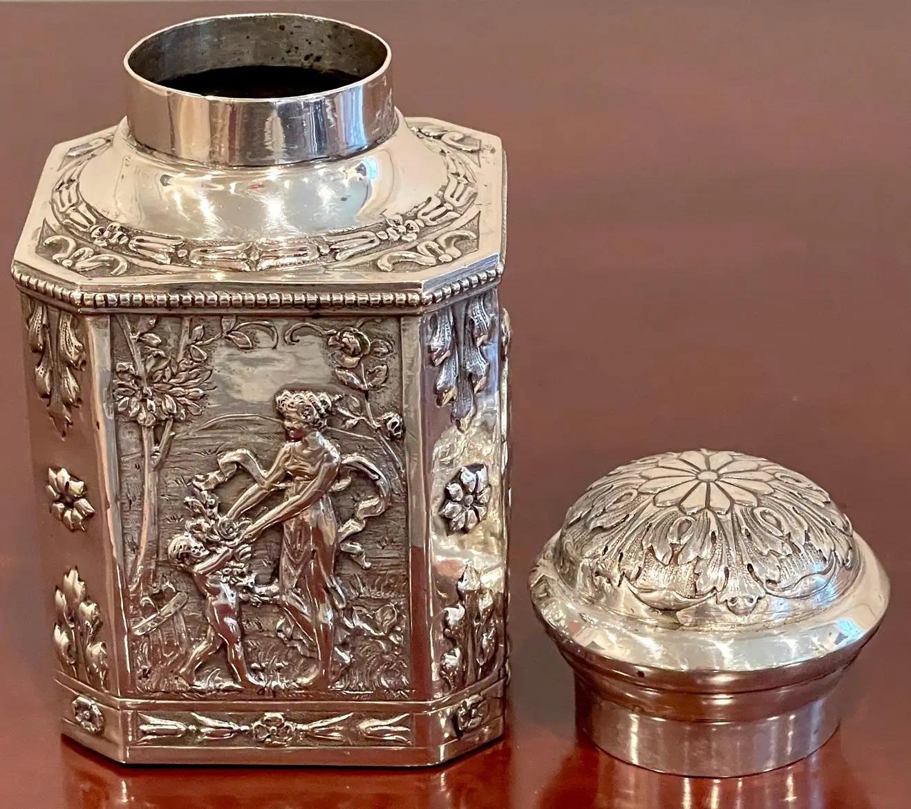 Neoclassical Revival Antique French Sterling Neoclassical 'Four Seasons' Tea Caddy For Sale