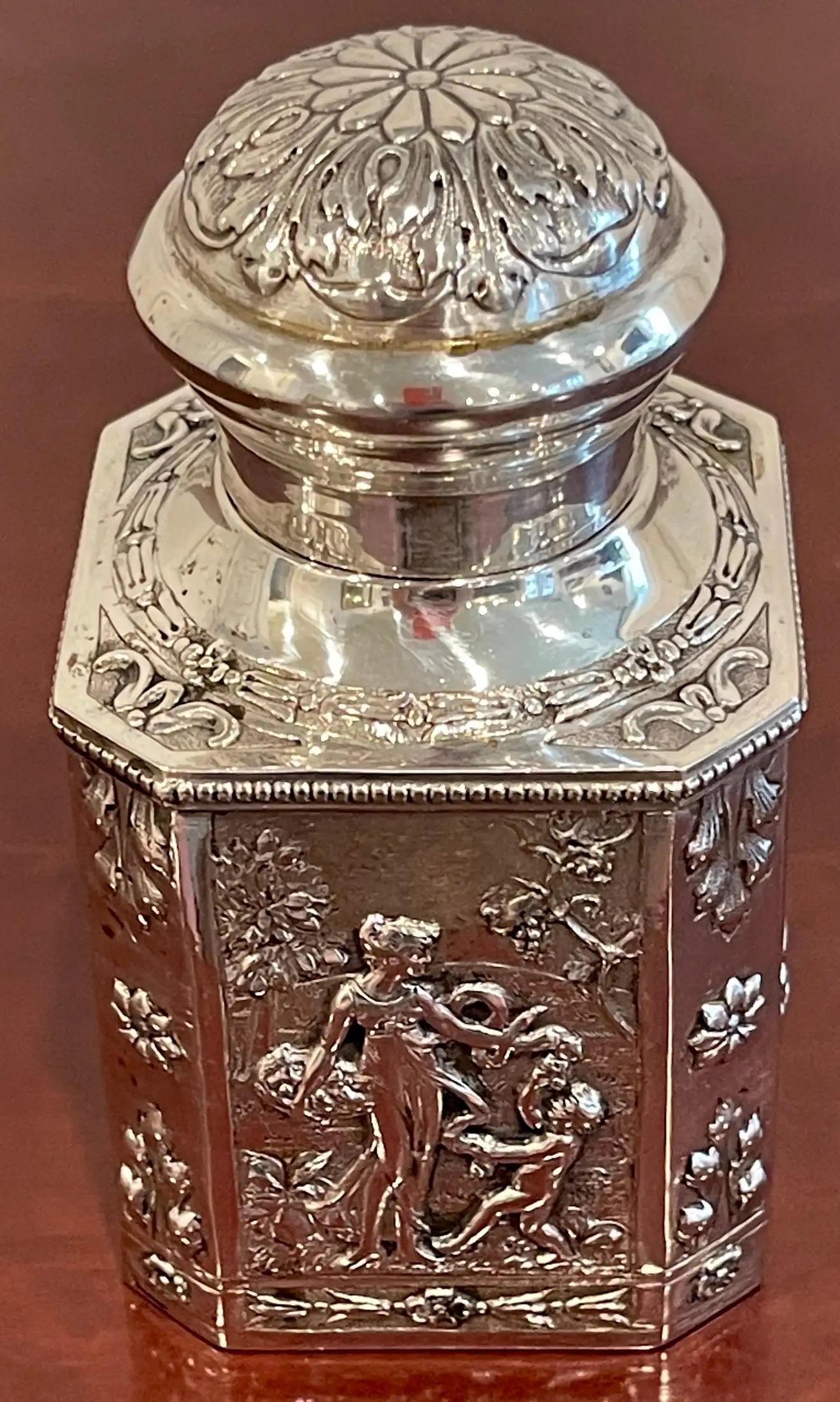 Sterling Silver Antique French Sterling Neoclassical 'Four Seasons' Tea Caddy For Sale