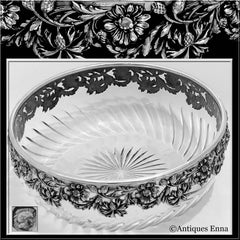 Antique French Sterling Silver Cut Crystal Salad or Serving Bowl, Daisy Pattern