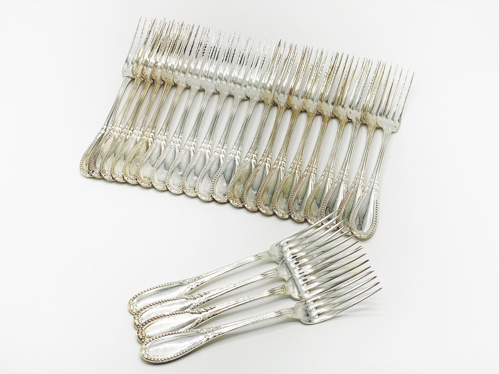Antique French sterling silver cutlery set by Alphonse Debaine, Art Deco 20th Ce
This Beautiful set include:

148 pieces in total. 
Description:

24 dinner forks - 21.5 centimeters
12 salad forks - 17.5 centimeters
24 dinner knives - 24.5