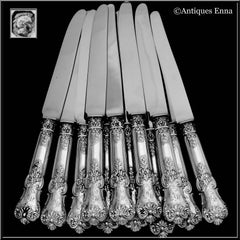Antique French Sterling Silver Dinner Knife Set 12 Pc New Stainless Steel Blades