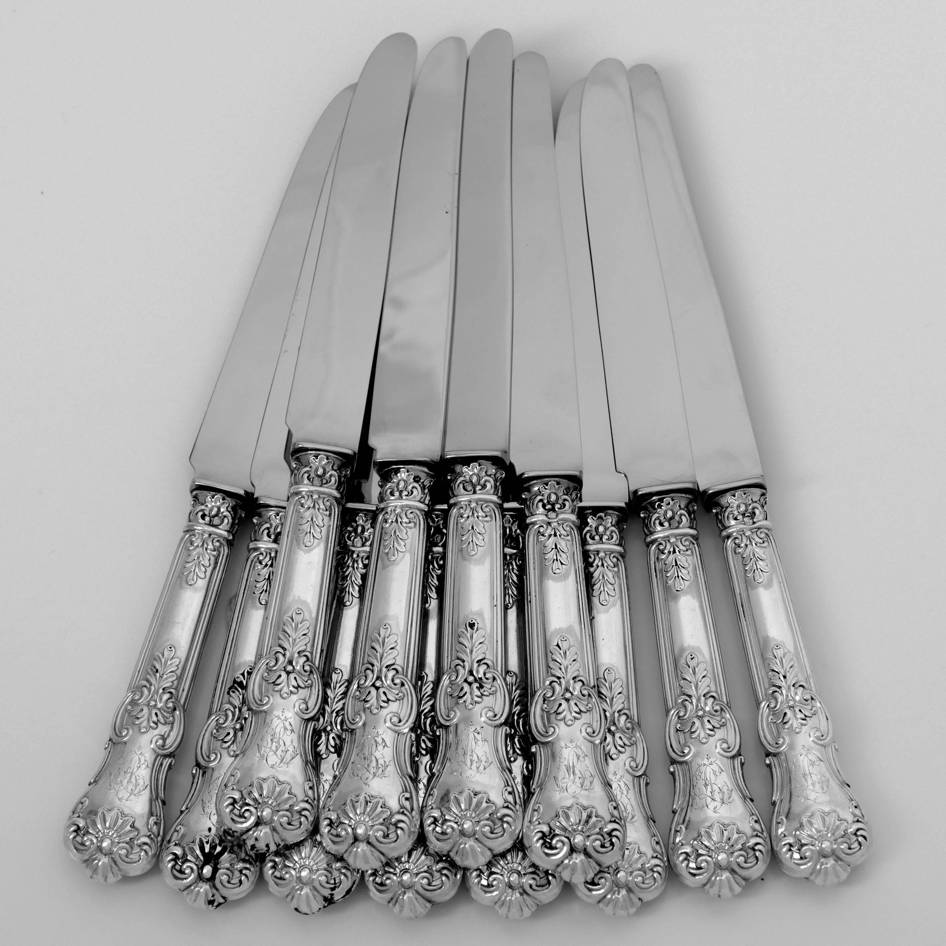 Mid-19th Century Antique French Sterling Silver Dinner Knife Set 12 Pc New Stainless Steel Blades For Sale