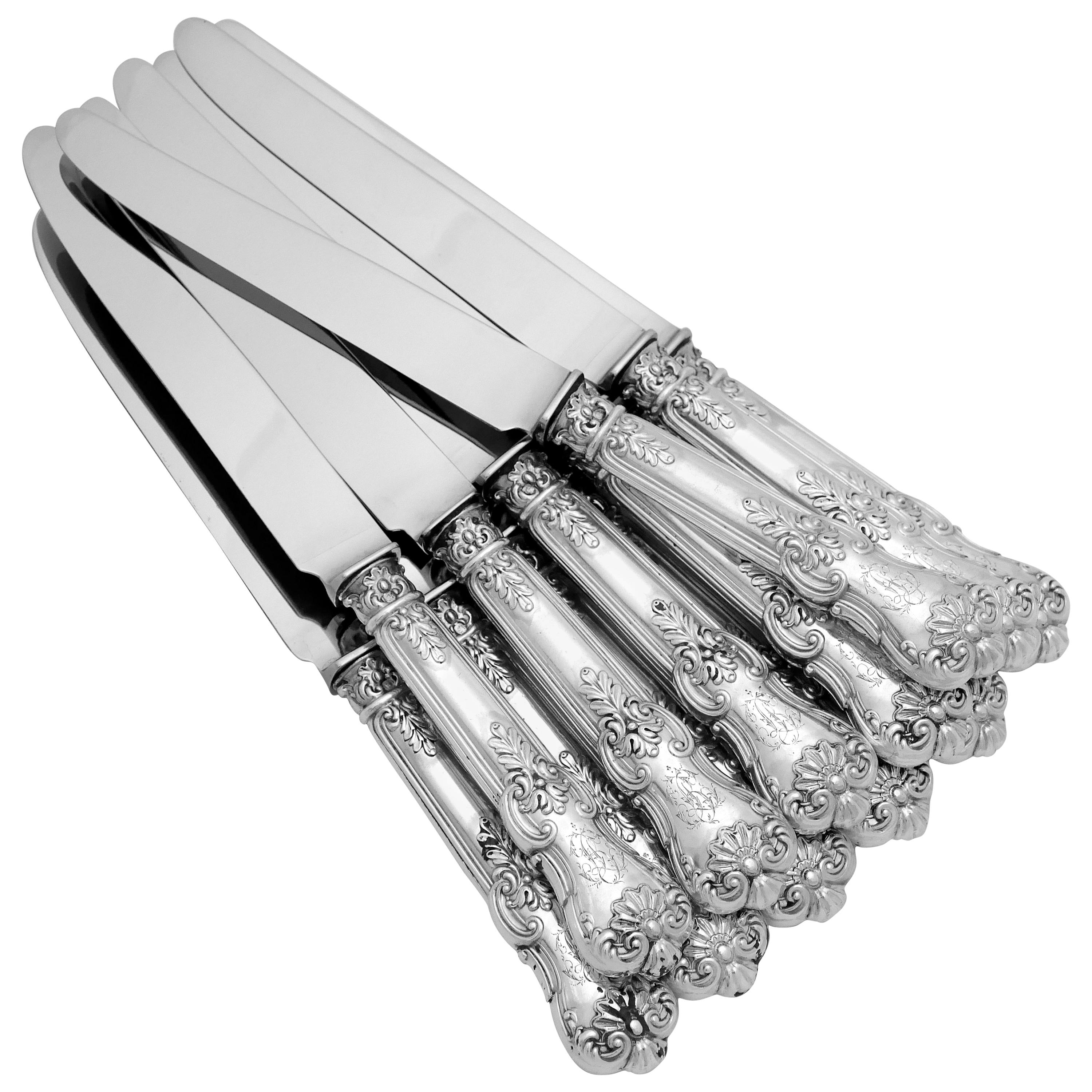 Antique French Sterling Silver Dinner Knife Set 12 Pc New Stainless Steel Blades For Sale