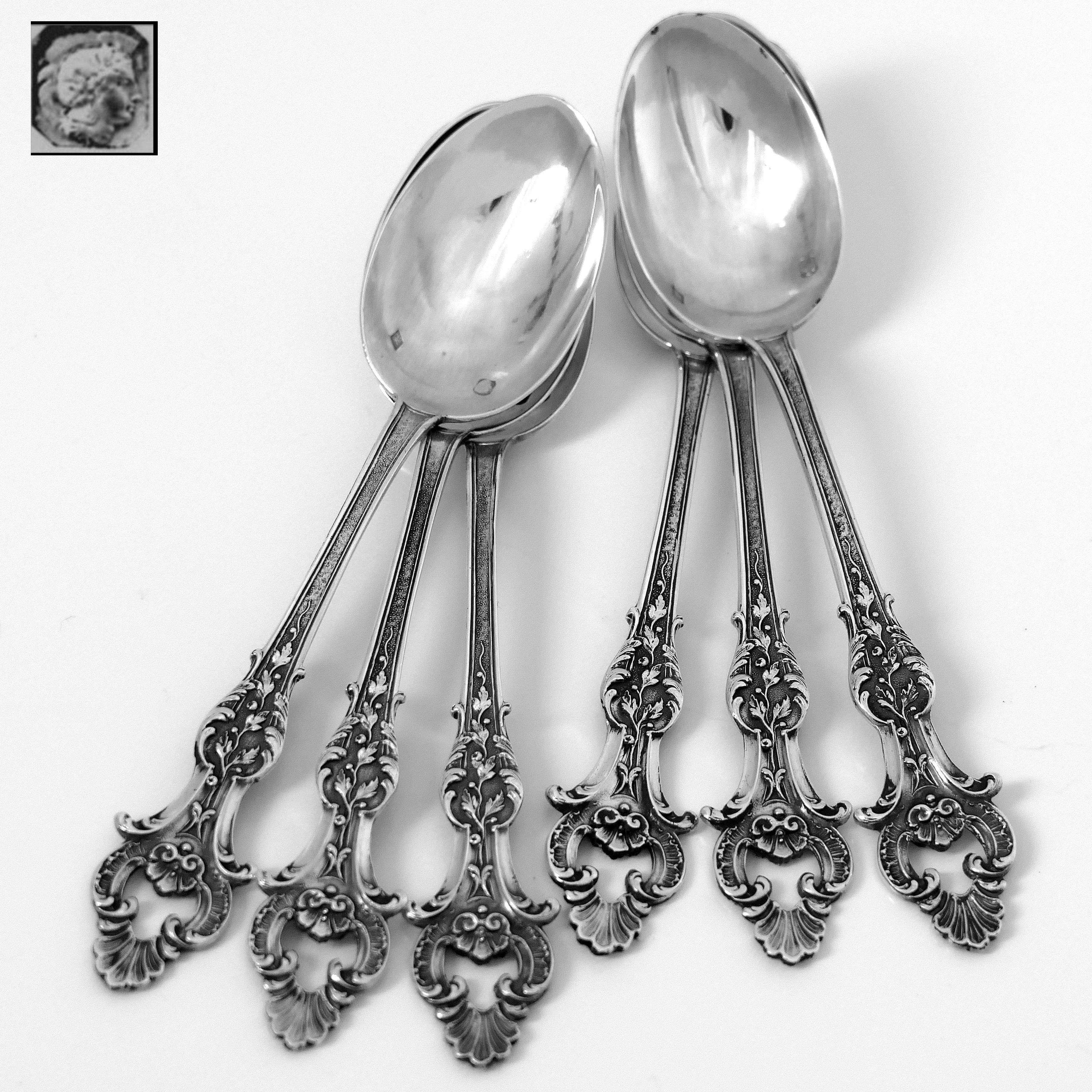 Early 20th Century Antique French Sterling Silver Moka Espresso Spoons Set, 6 Piece