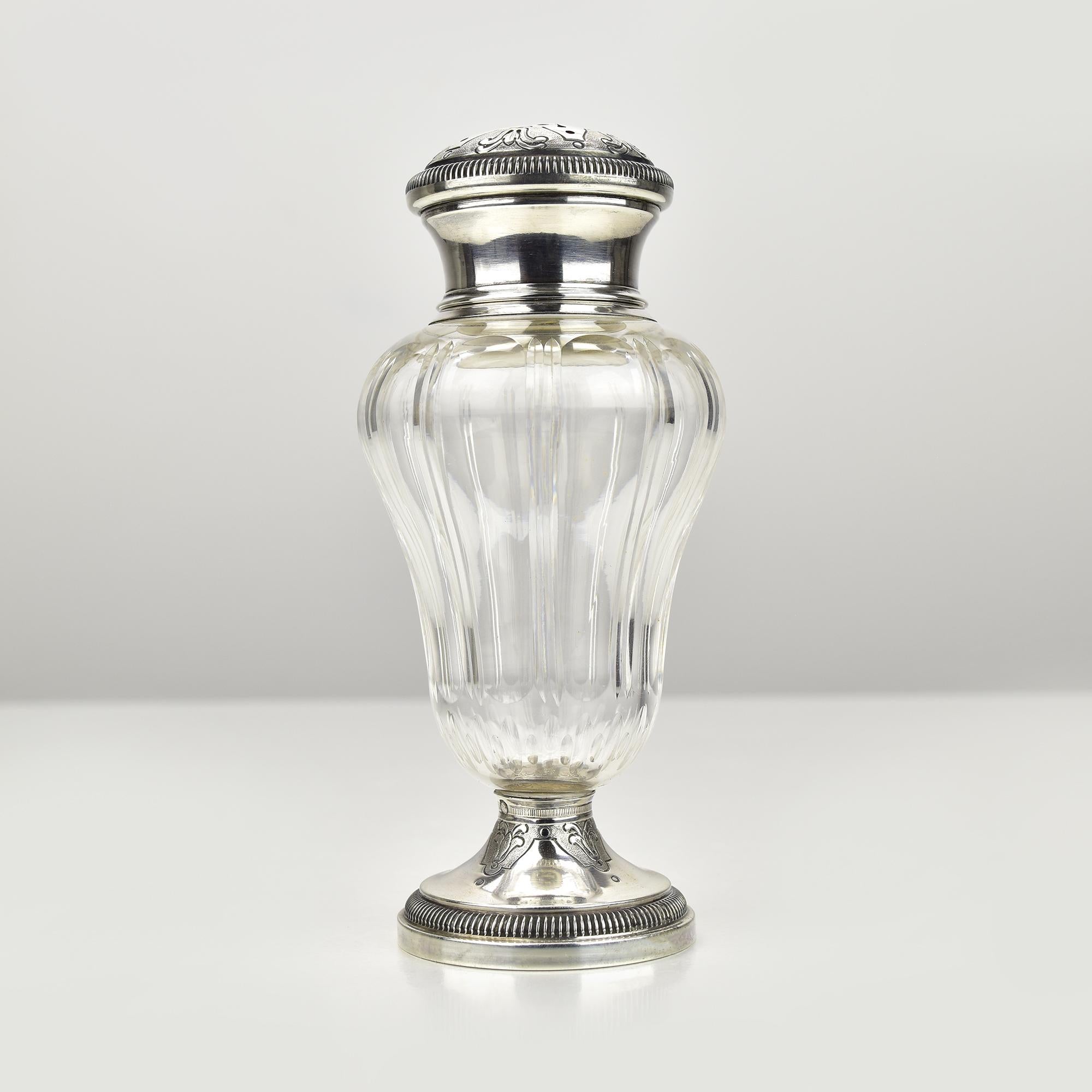 Art Nouveau Antique French Sterling Silver Sugar Shaker / Sprinkler / Muffineer Cut Crystal For Sale