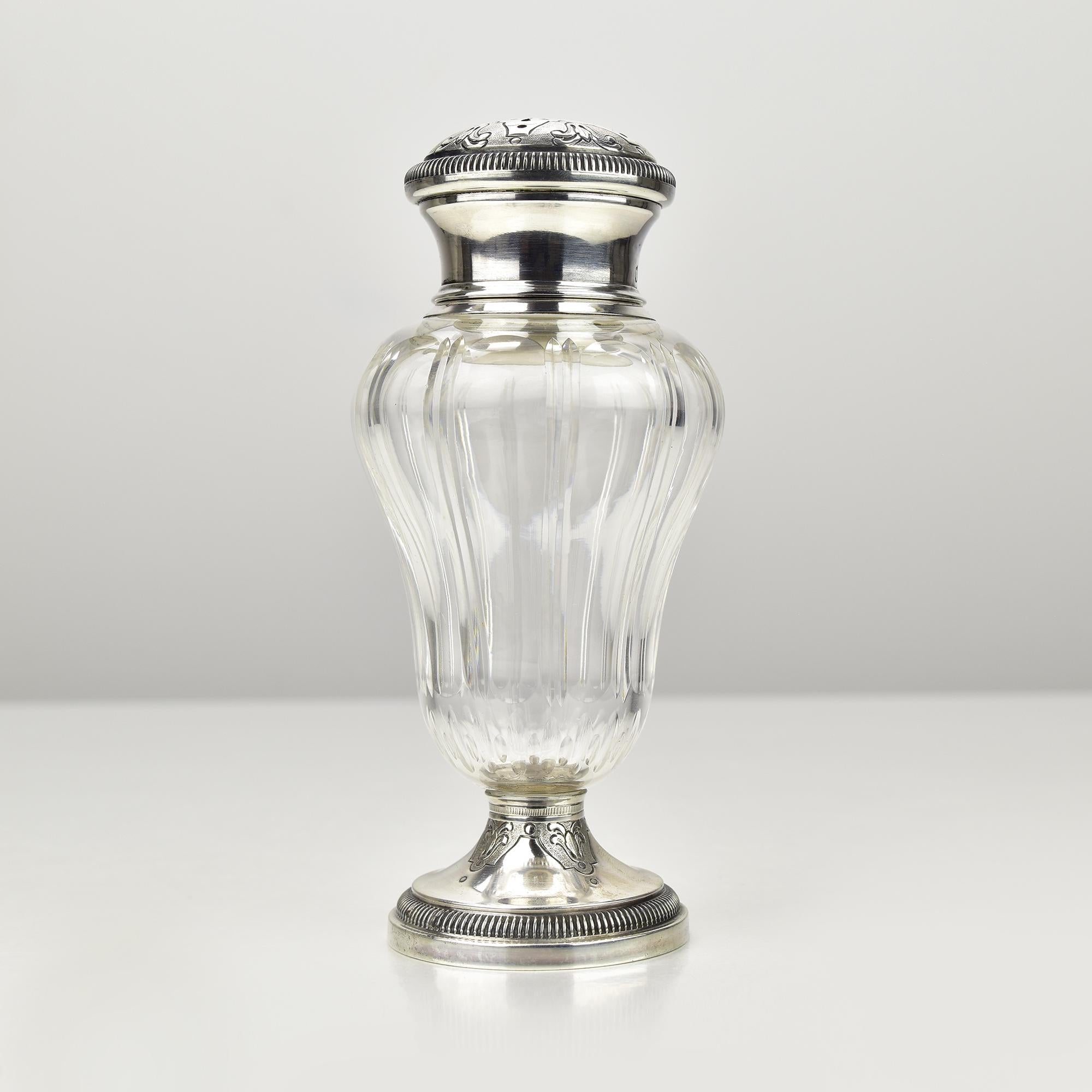 Hand-Crafted Antique French Sterling Silver Sugar Shaker / Sprinkler / Muffineer Cut Crystal For Sale
