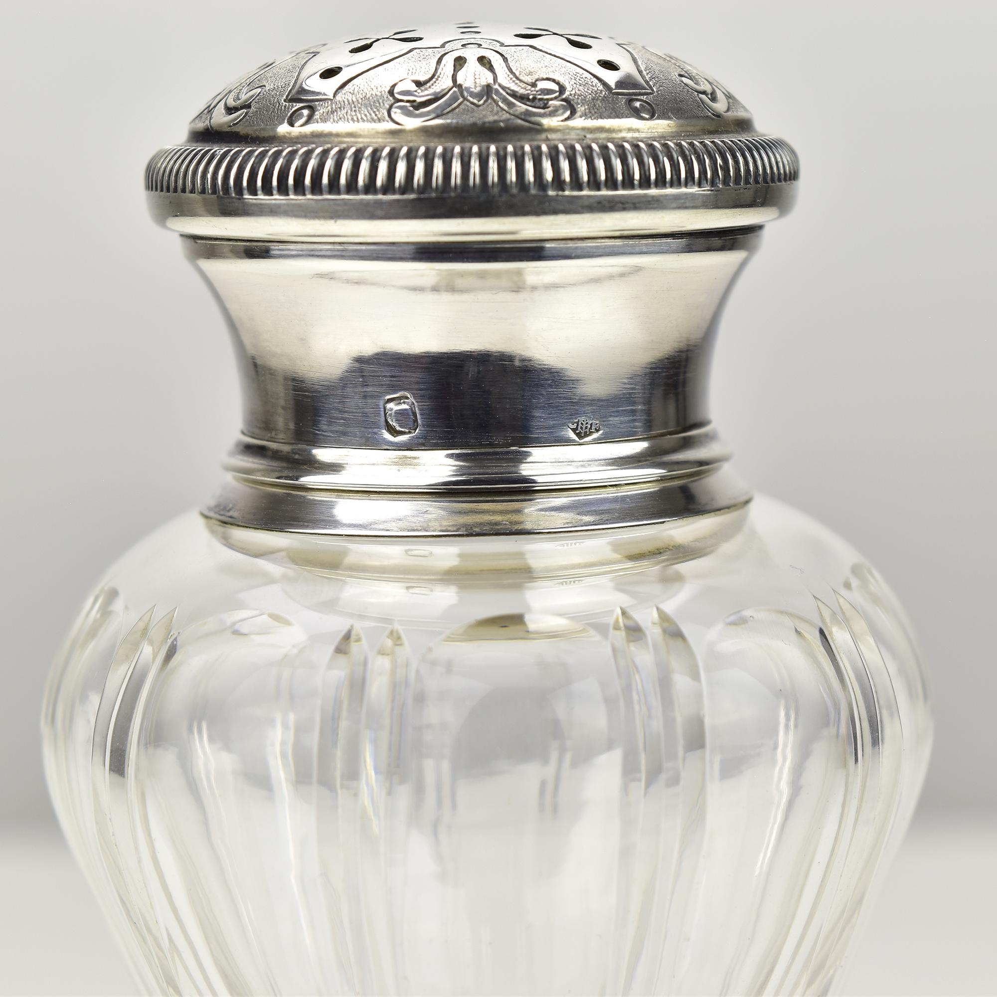 Early 20th Century Antique French Sterling Silver Sugar Shaker / Sprinkler / Muffineer Cut Crystal For Sale