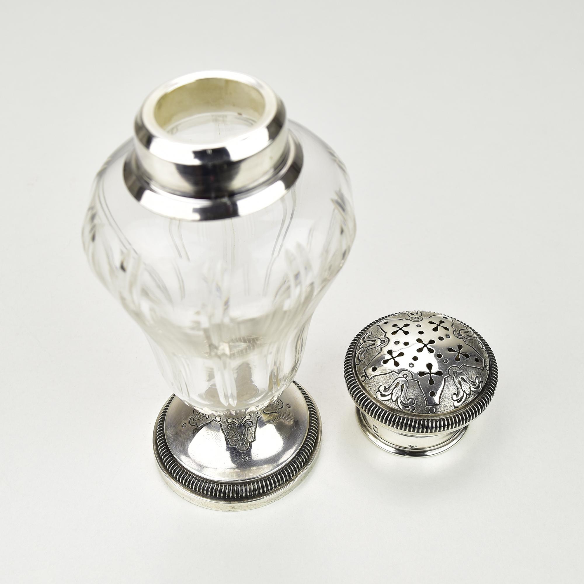 Antique French Sterling Silver Sugar Shaker / Sprinkler / Muffineer Cut Crystal For Sale 1