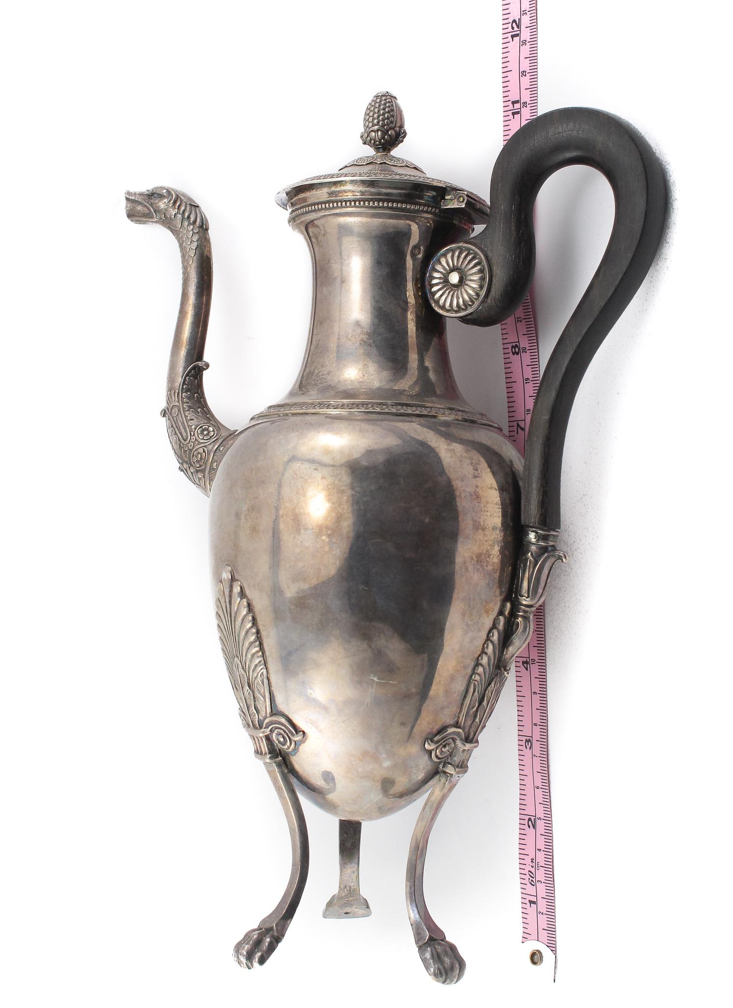 Classical Greek Antique French Sterling Silver Tea Pot Wooden Handle 16.60 Ounce For Sale
