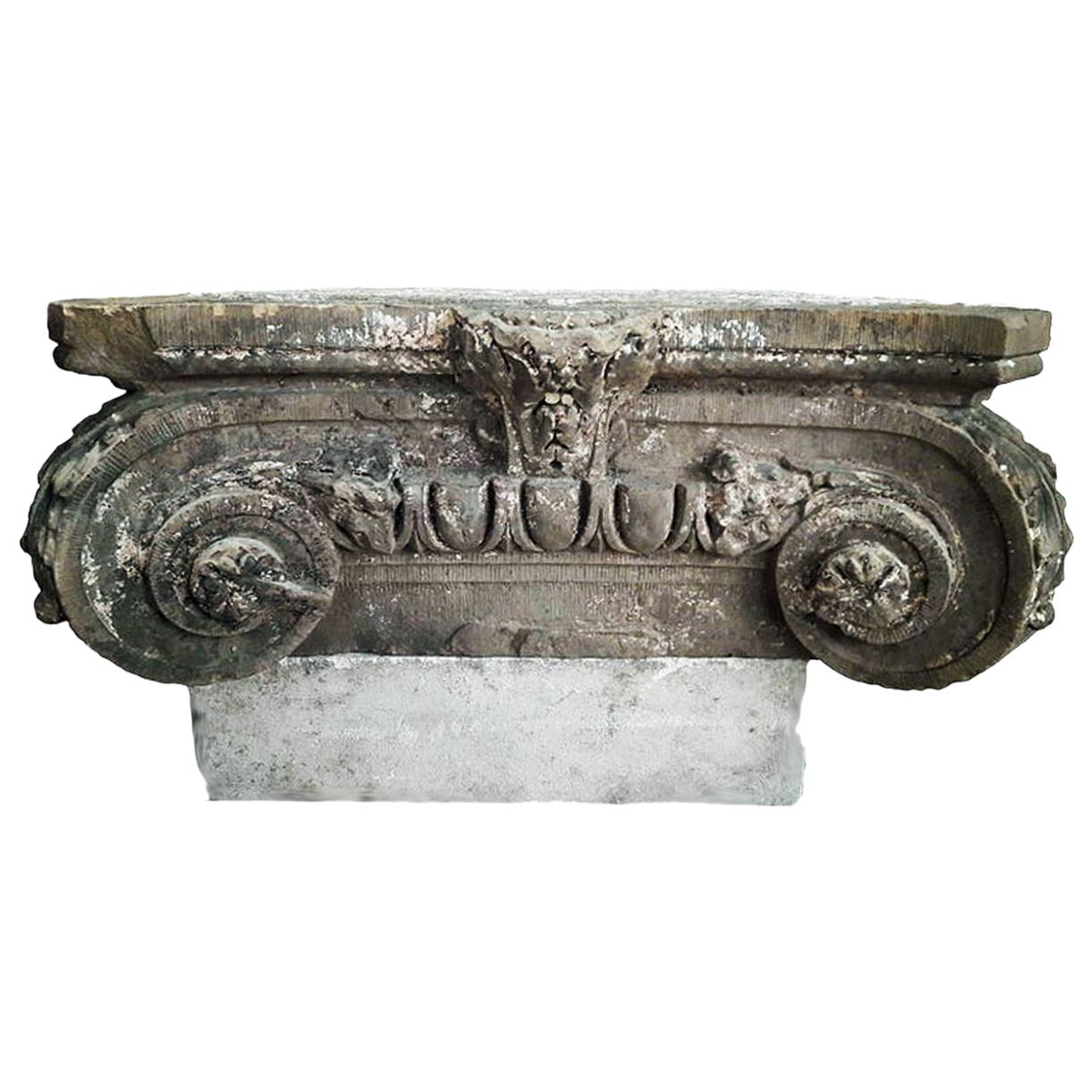 Antique French Stone Column Capital, Ionian Style, Mid-19th Century