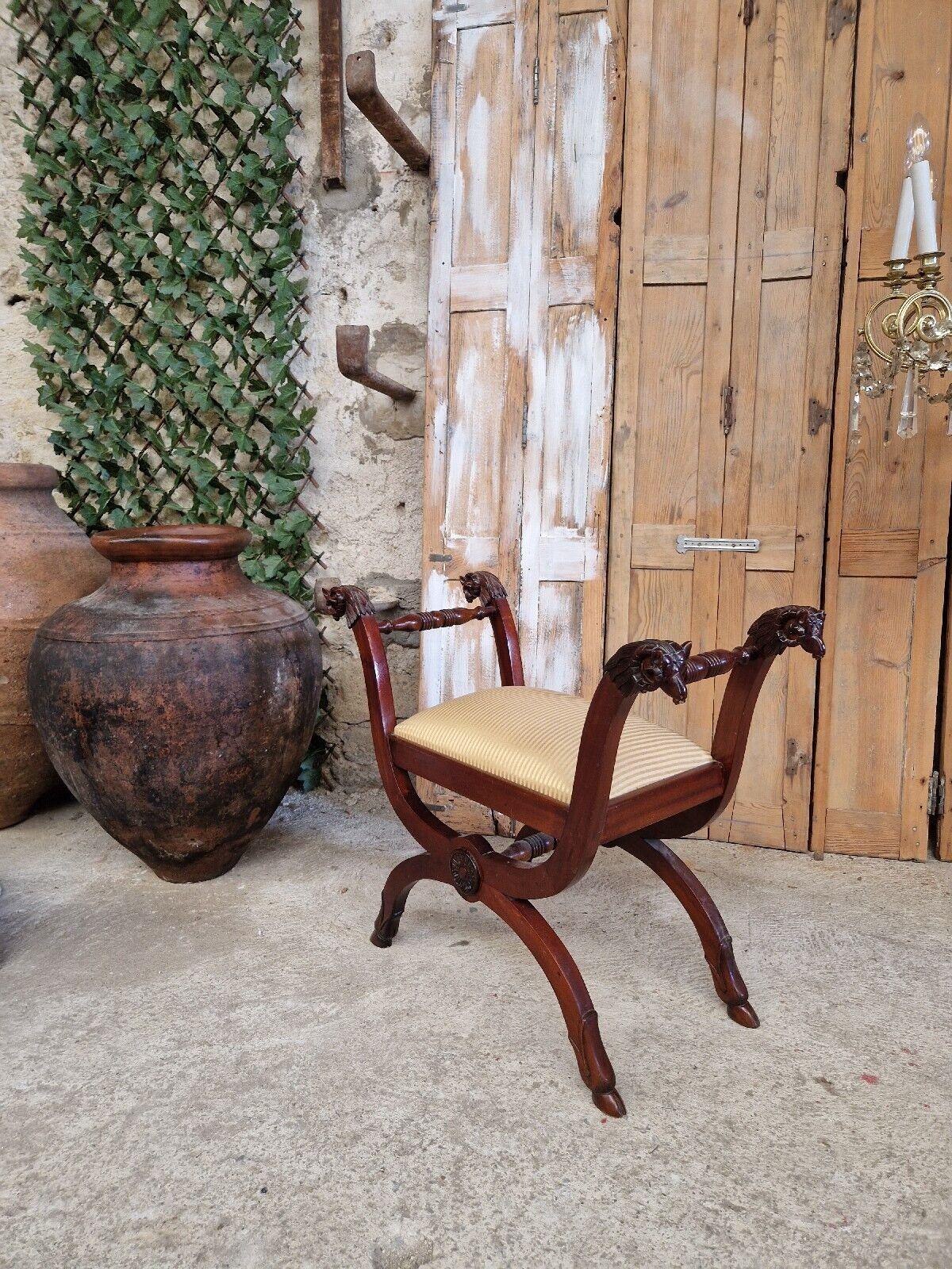 Hand-Carved Antique French Stool Empire Style Mahogany Tabouret For Sale
