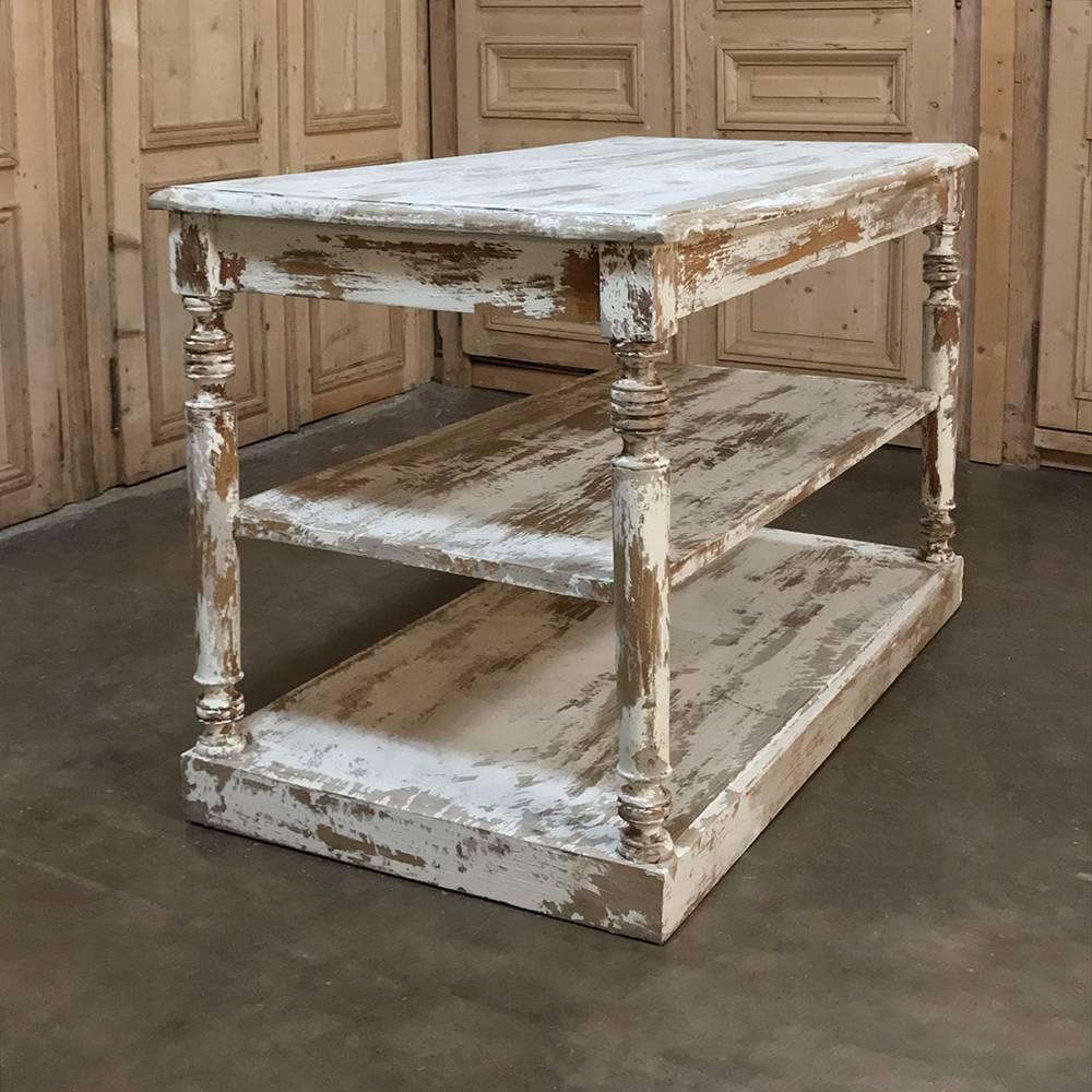 Rustic Antique French Store Counter, Island with Scraped Paint Finish