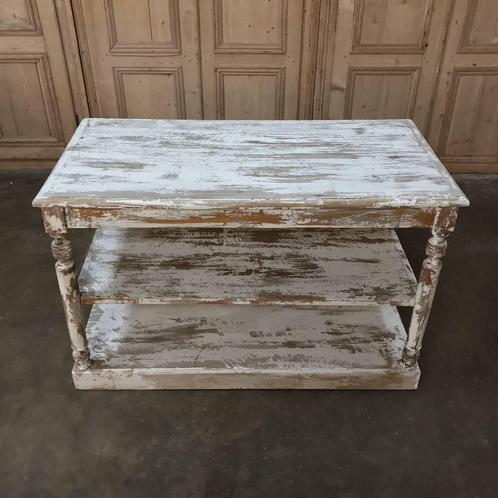 Belgian Antique French Store Counter, Island with Scraped Paint Finish