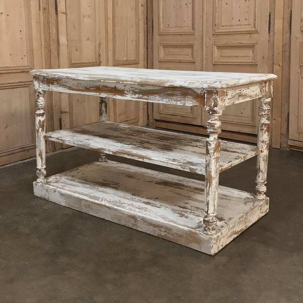 Painted Antique French Store Counter, Island with Scraped Paint Finish