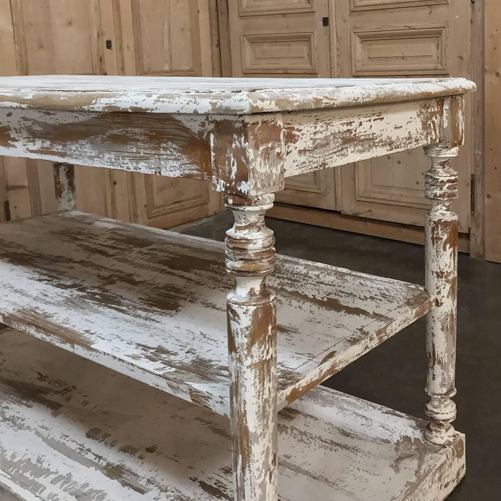 Oak Antique French Store Counter, Island with Scraped Paint Finish