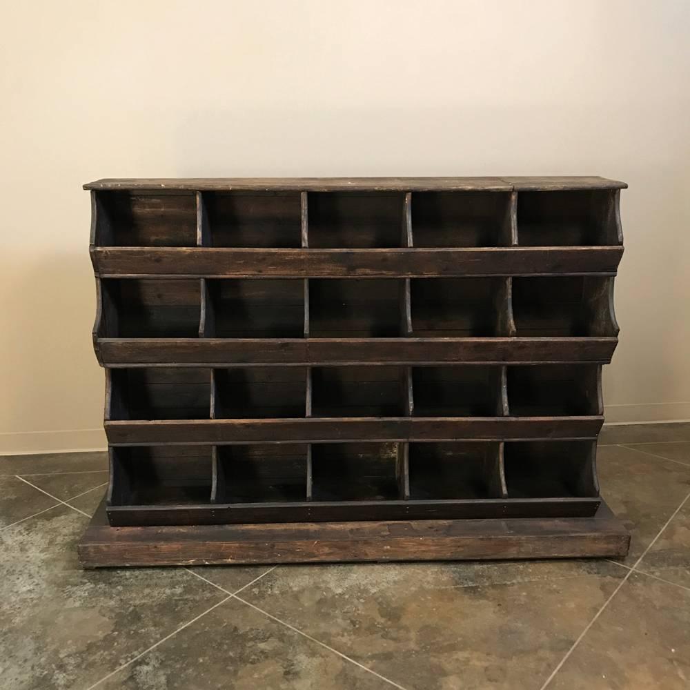 Antique store display shelf was designed as a store bin, but makes a great bookcase for the casual decor today! Rustic hand-hewn look and original finish gives a character that's impossible to create with modern furnishings,
circa 1890s.
Measures: