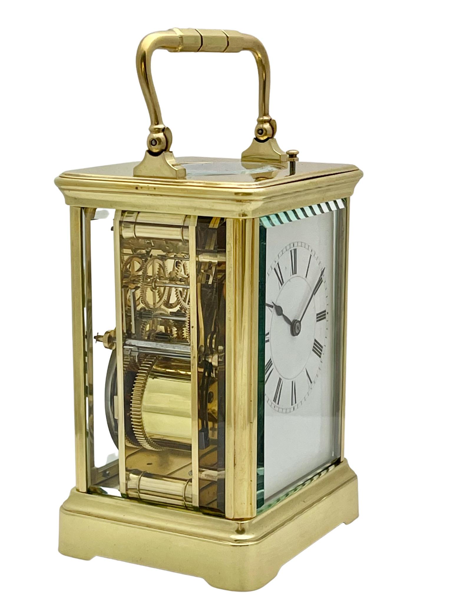 Antique French Striking and Repeating Polished Brass Henri Jacot Carriage Clock In Good Condition For Sale In London, GB