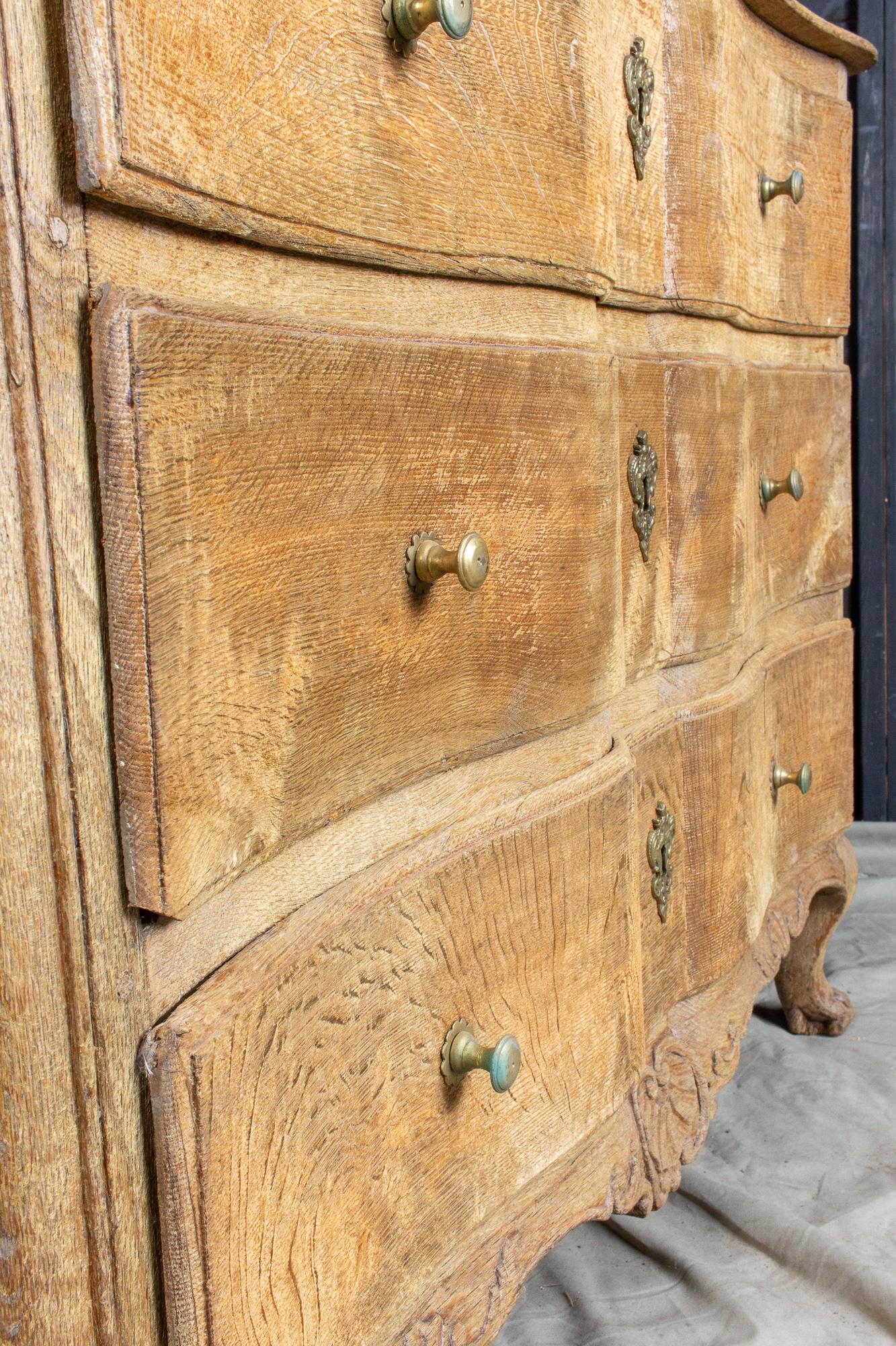 19th Century Antique French Stripped Oak Curved-Front Three-Drawer Commode