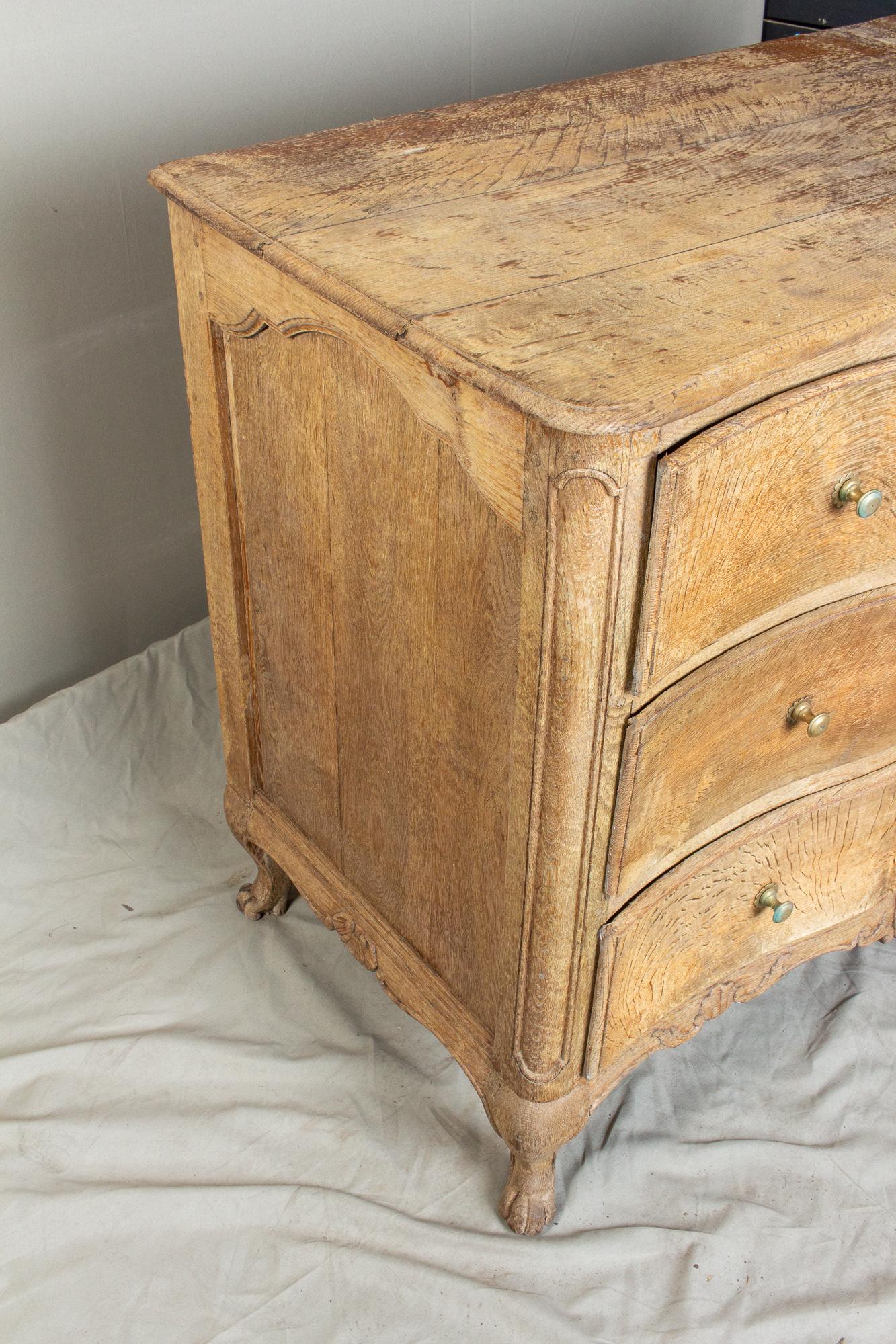 Brass Antique French Stripped Oak Curved-Front Three-Drawer Commode