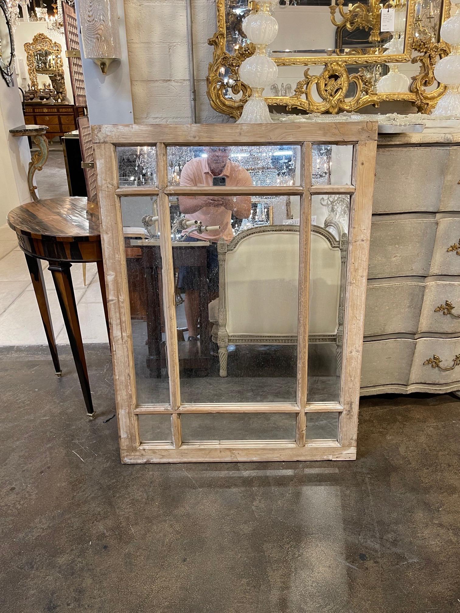 Handsome pair of French stripped pine and gesso paneled mirrors made from antique moldings. Great for the modern farmhouse look. Note: Price listed is per item.