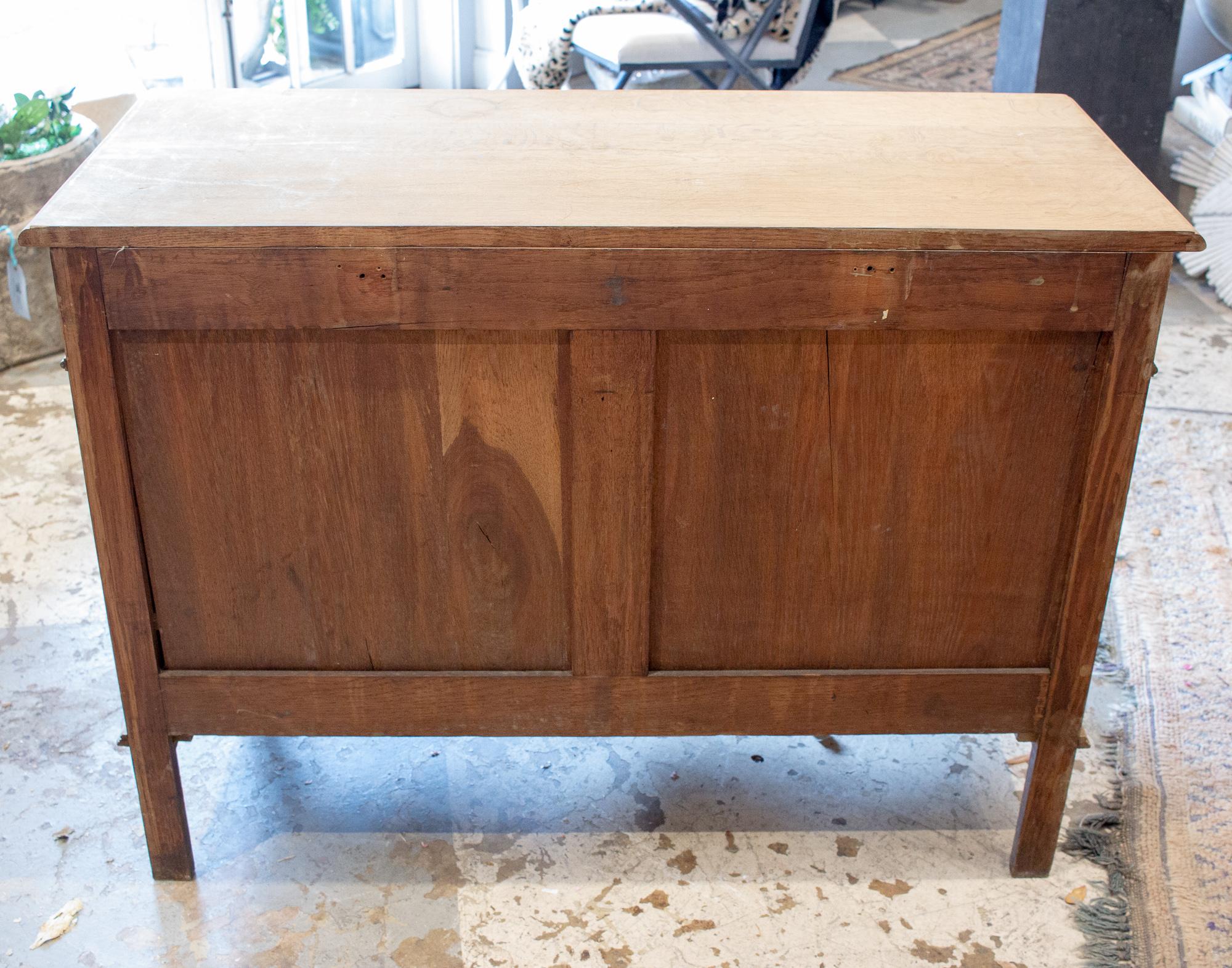 Early 20th Century Antique French Stripped Wood Five-Drawer Commode with Detailed Carvings
