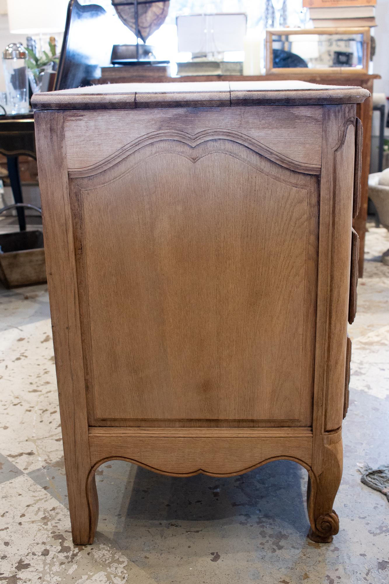 Oak Antique French Stripped Wood Three-Drawer Commode with Carved Details