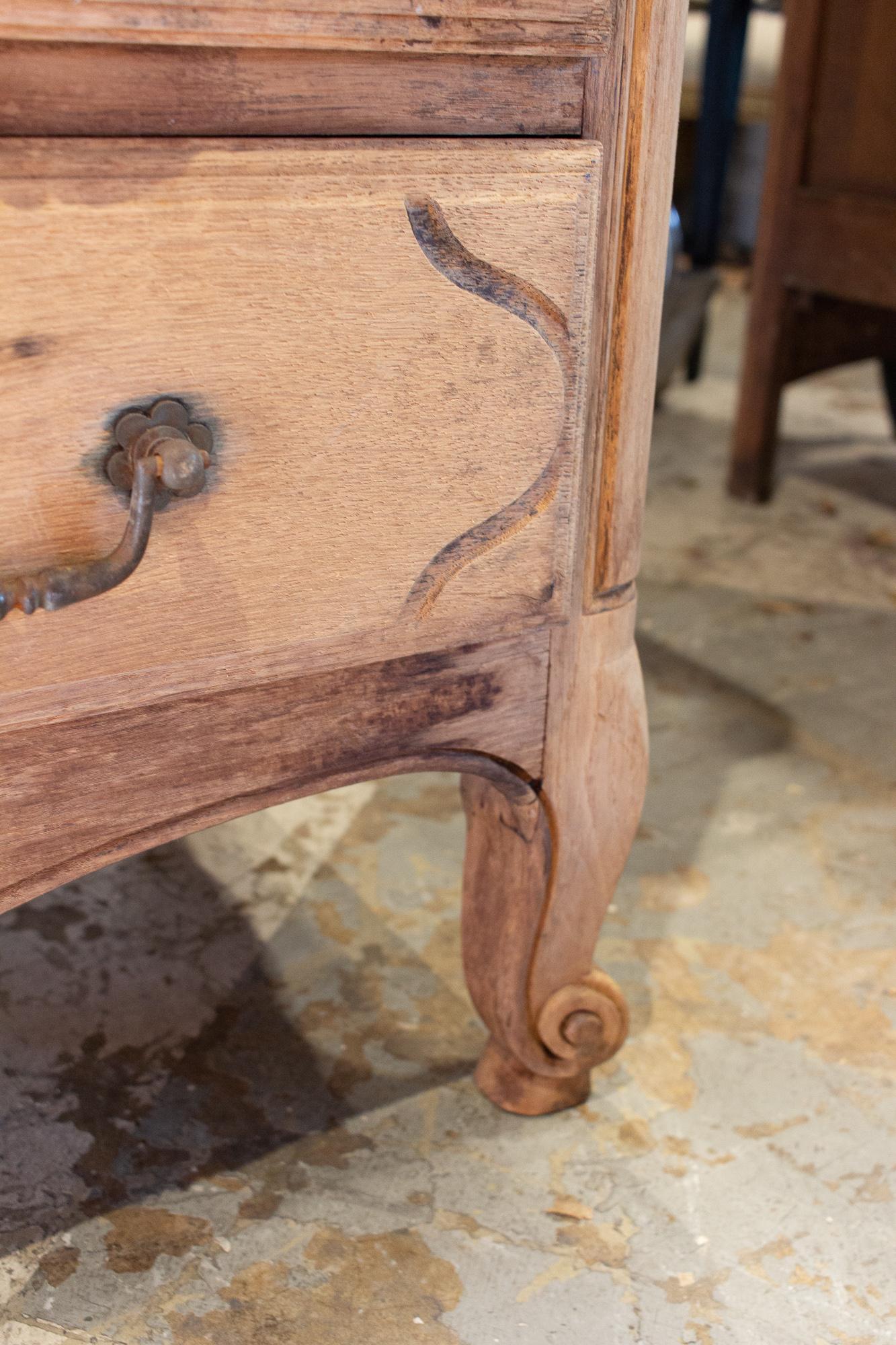 Antique French Stripped Wood Three-Drawer Commode with Carved Details 4