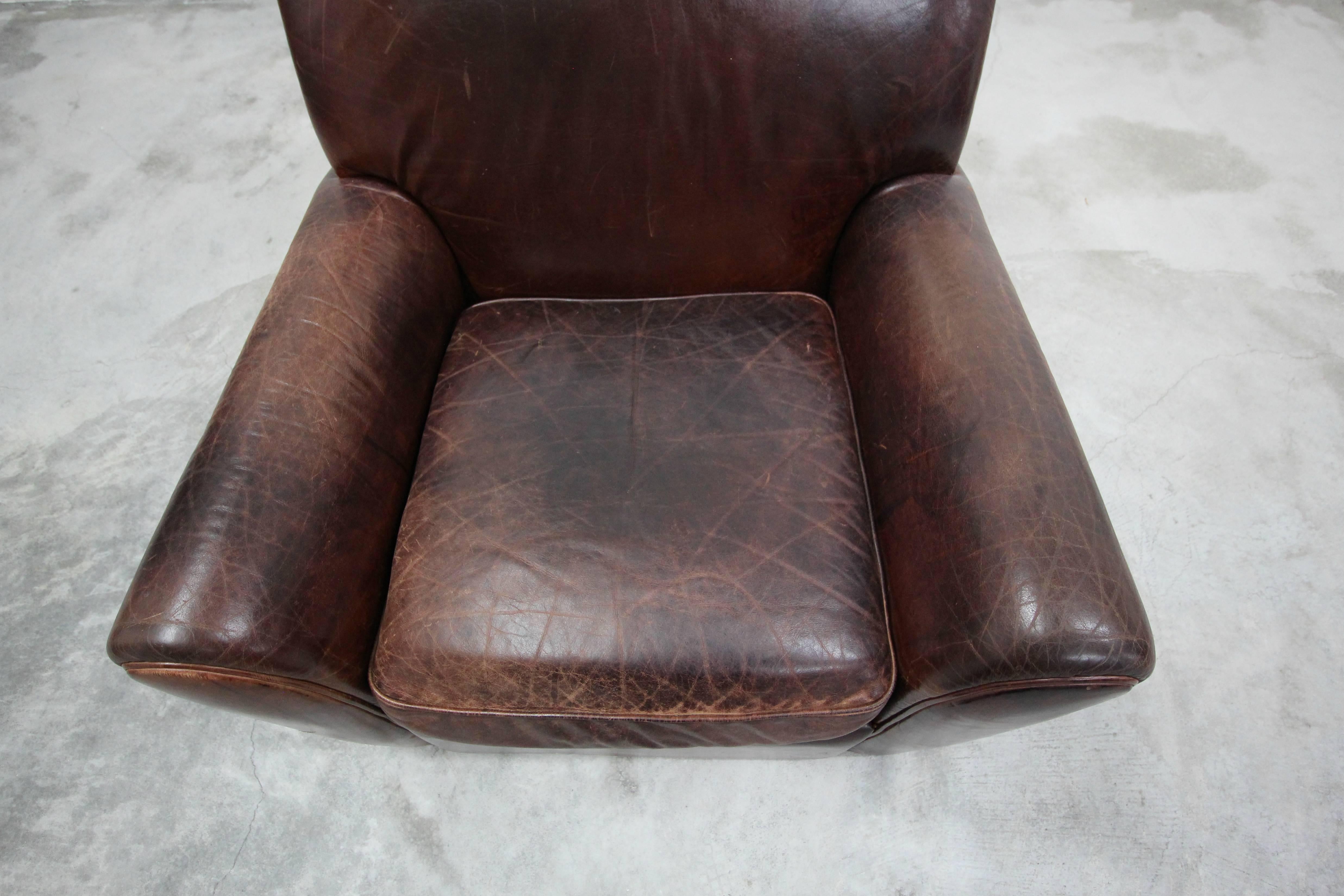 Antique French Style Aged Leather Lounge Chair 2